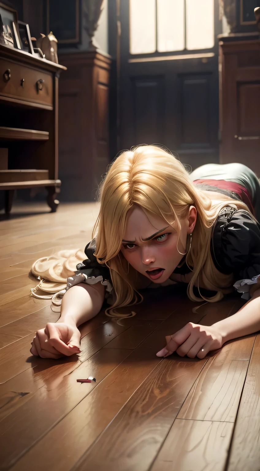 masterpiece, 19th century London, United Kingdom, Man1, woMan1, man strangles woman, Lying on the floor, the man is angry, terrifying, She has blonde hair, Objects in the room are scattered here and there, The man's hair is matted, Urgent Situation,