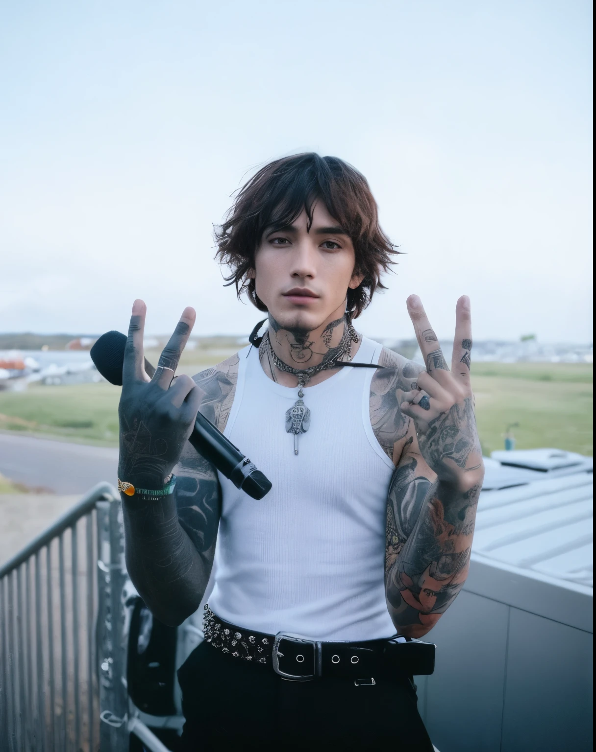 arafed man com tatuagens and a microphone making a peace sign, peep, deiv calviz, estilo de seb mckinnon, jean deville, com tatuagens, inspirado por Cam Sykes, tatuado, taken at the beginning of 2020, Johnny, tatuado, Félix Englund style, Oficial, Félix Englund, Eddie, linus sebastian, dedos longos