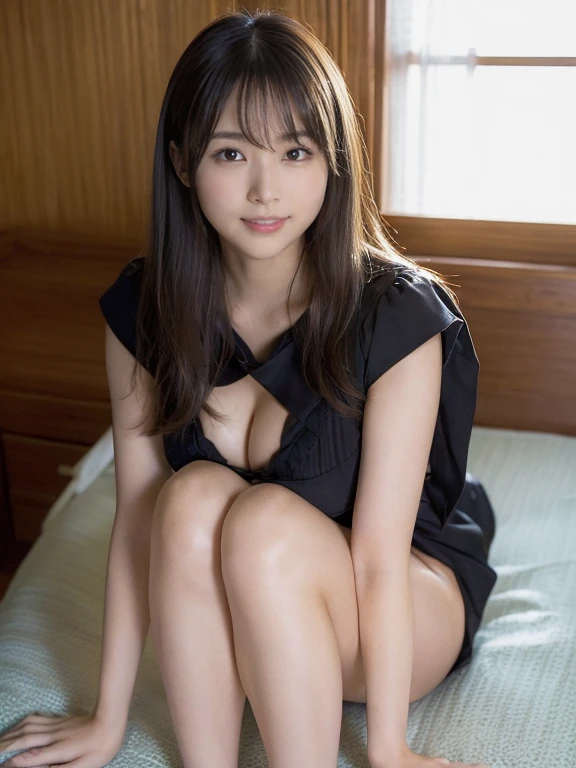 1 girl、realistic skin texture、Beautiful long hair down to the waist、hair behind ears、moist and beautiful hair、((bright smile))、stare(cleavage looks bigger)(erotic  girl、small face、very beautiful face、natural makeup)(fair skin)(Glitter eyes)Smooth skin、Realistic texture of the skin(((黒いsexyなニットドレス、Extremely mini length)) ((interior、luxury hotel room))、living、White sofa、Lie、Sleeping on the sofa、Posture with head on sofa、beautiful armpits、round beautiful breasts、beautiful cleavage、thin waist、constriction:1.2、big ass、thin thighs、Movie Writing、reflex board、Bold and erotic pose、exciting and sensual poses、sexy、((Beautiful thighs exposed))((((On your back:1))))(((((Above,full body shot)))))