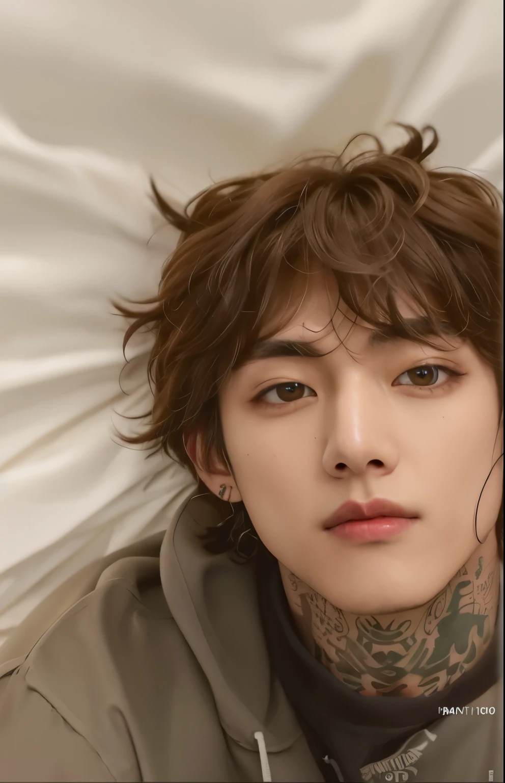 Taehyung from BTS with a tattoo on his chest and neck, looking defiantly at the camera, inspirado por Taehyung do Bts, ele tem cabelo castanho curto e encaracolado, half body head shot, looking directly at the camera, taken at the beginning of 2020, looking directly at the camera