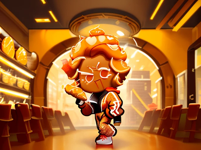 Churros Maple Syrup Cookie Walk on a New York City, Churros Head, Maple Syrup Medium Messy Hair, Red Orange Tracksuit