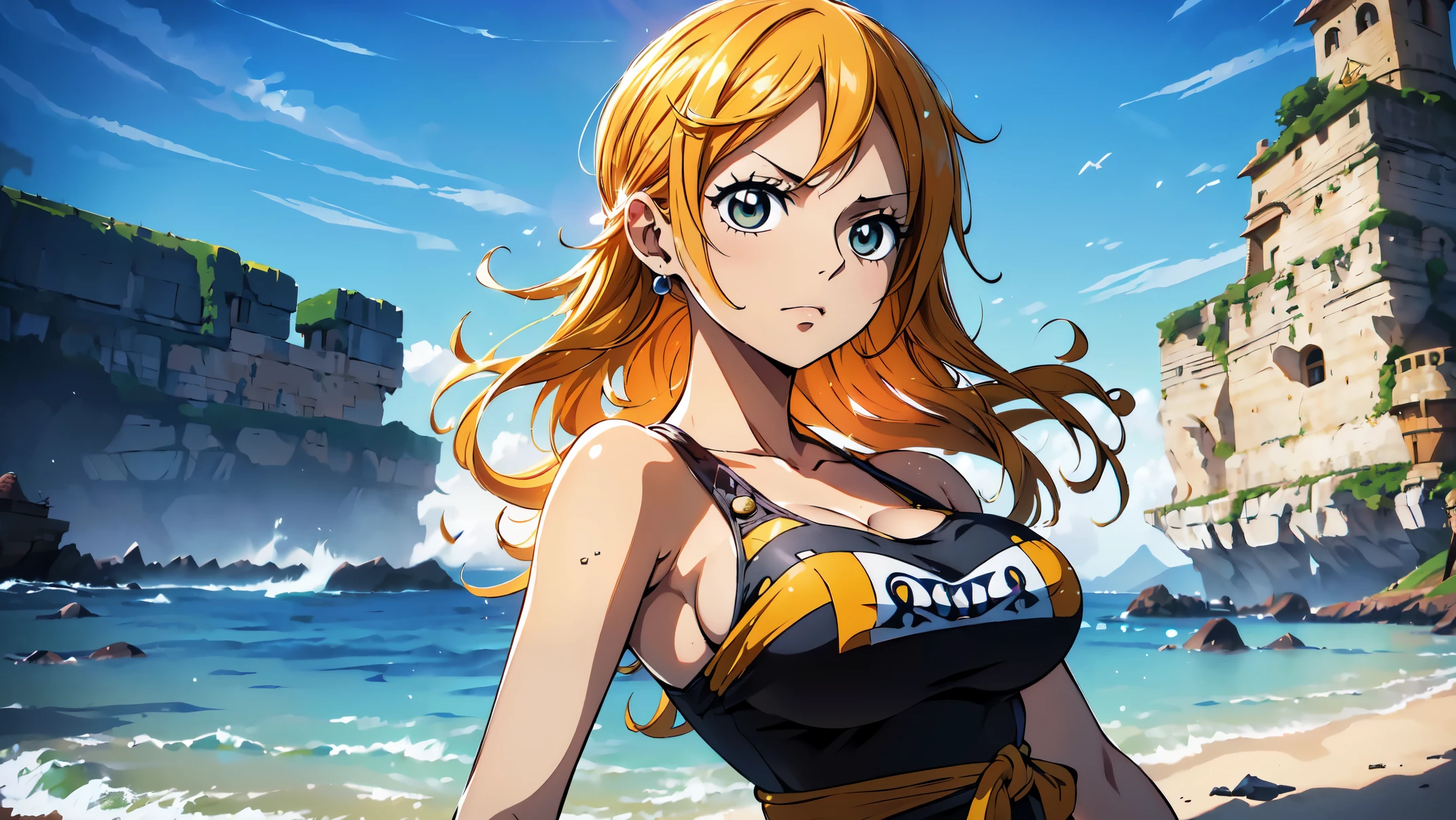 one-piece nami, cabelo laranja, Lindos olhos castanhos, ((vestindo roupa de pirata)),usando fones de ouvido, peitos sexy, pose lasciva ,corpo todo, arms behind the back, (fundo do navio pirata) (melhor qualidade, 4k, 8k, high resolution, obra de arte:1.2), ultra-detalhado, e (realista, photorealista,  HDR, Ultra HD, studio lighting, pintura ultrafina, sharp focus,Nami Rosto, olho nami