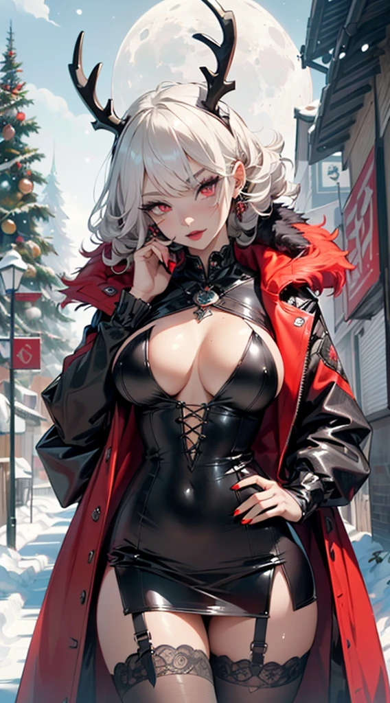 gothic reindeer girl,(((1girl))),((extremely cute and beautiful black haired anime gothic reindeer girl)),

(((anthro furry:1.2), Playboy_Reindeer, reindeer_antlers,(huge antlers:1.2),)),(large breasts:1.4),saggy breasts,((((black curly hair:1.35,medium hair,colored inner hair,ear breathing)))),(((red eyes:1.3))),intricate eyes,beautiful detailed eyes,symmetrical eyes,big eyes:1.5,((fat)),(((lustrous skin:1.5,bright skin: 1.5,skin tanned,shiny skin,very shiny skin,shiny body,plastic glitter skin,exaggerated shiny skin,illuminated skin))),(spider lower abdomen,narrow waist,wide hip,athletic body,inflated legs,delicate detailed fingers,detailed body,detailed arms,human hands,(detailed face)),

cute,slutty,seductive,erotic,(((nsfw))),

zettai ryouiki,revealing clothing,show skin,(((Sexy goth fur coat, goth fur coat outfit, wearing a goth fur coat:1.3,dark red winter coat))),((red goth mini-skirt,red goth mini skirt with furry edge,visible thong straps)),(red gothic clothes,semi-naked,with little goth clothing),((((Black Eyeshadow,Thick Black Eyeliner,Long Dramatic Eyelashes,Black Lips,moon Accessories,ravens ornaments)))),((ravens on her clothes)),(((intricate outfit,intricate clothes,embroidered outfit,ornate outfit))),

(dynamic pose:1.0),embarrassed,(centered,scale to fit dimensions,Rule of thirds),

((snowy pine forest at night)), with dark stormy clouds,winter,scenery:1.25,((snow forest background)),Christmas tree,

highres,sharp focus,(ultra detailed,extremely detailed),(photorealistic artwork:1.37),(extremely detailed CG unity 8k wallpaper),(((vibrant colors,vibrant theme))),(intricate),(masterpiece),(best quality),