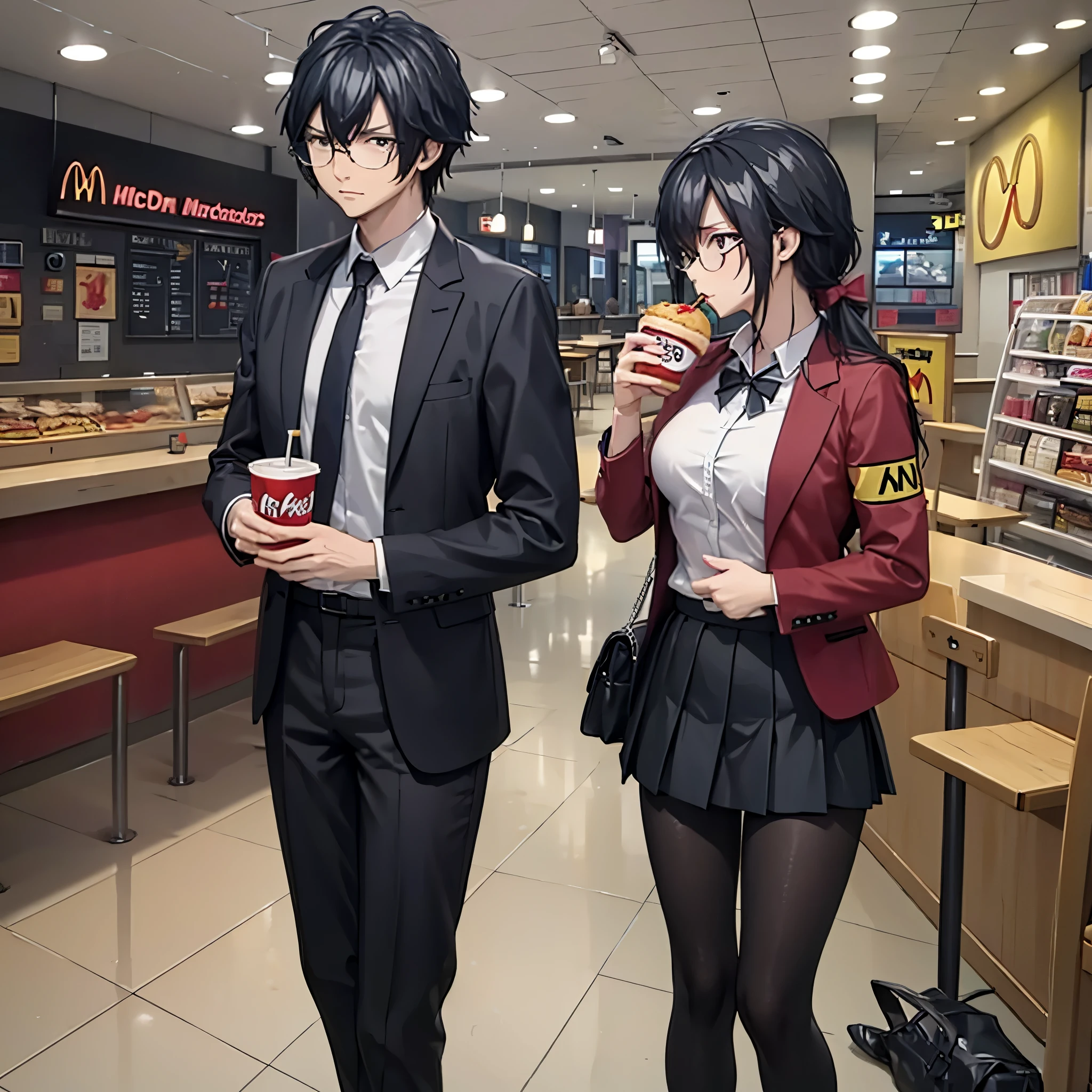 a man in black casual clothes together with a woman (eye red) in school clothes at a McDonald's. Eating hamburger
