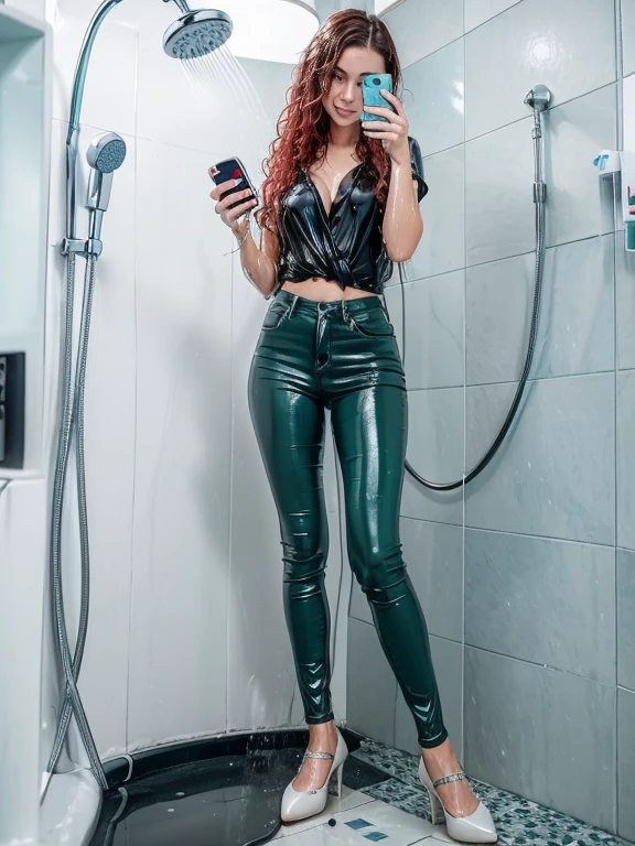 ((woman taking a shower in very tight low cut mint green work blouse and black skinny jeans and white high heel shoes)), (((taking a selfie with her phone))), (((wet hair))), soaking wet, SoakingWetClothes, ((standing under the shower head)), (((show shoes))), inviting smile, water pouring through clothes, ((NSFW)), nipples showing through wet blouse, cleavage showing, ((short curly red hair)), blue eyes