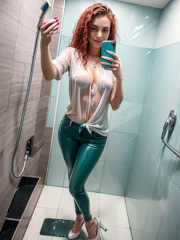 woman taking a shower, red hair, five inch black heels, (skinny jeans), white blouse, soaking wet, (wet hair), water pouring through clothes, SoakingWetClothes, ((show heels)), taking a selfie