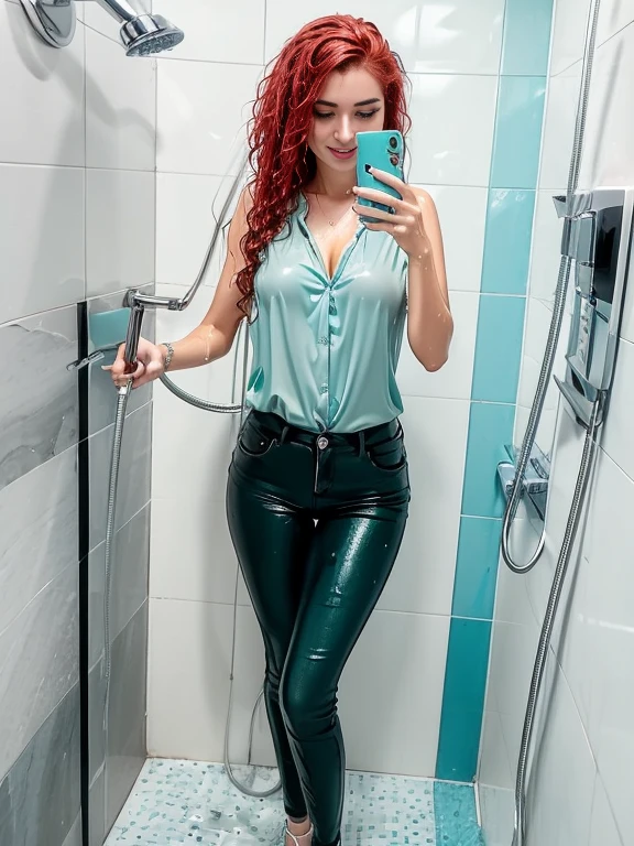 ((woman taking a shower in very tight low cut mint green work blouse and black skinny jeans and white high heel shoes)), (((taking a selfie with her phone))), (((wet hair))), soaking wet, SoakingWetClothes, ((standing under the shower head)), (((show shoes))), inviting smile, water pouring through clothes, ((NSFW)), nipples showing through wet blouse, cleavage showing, ((short curly red hair)), blue eyes