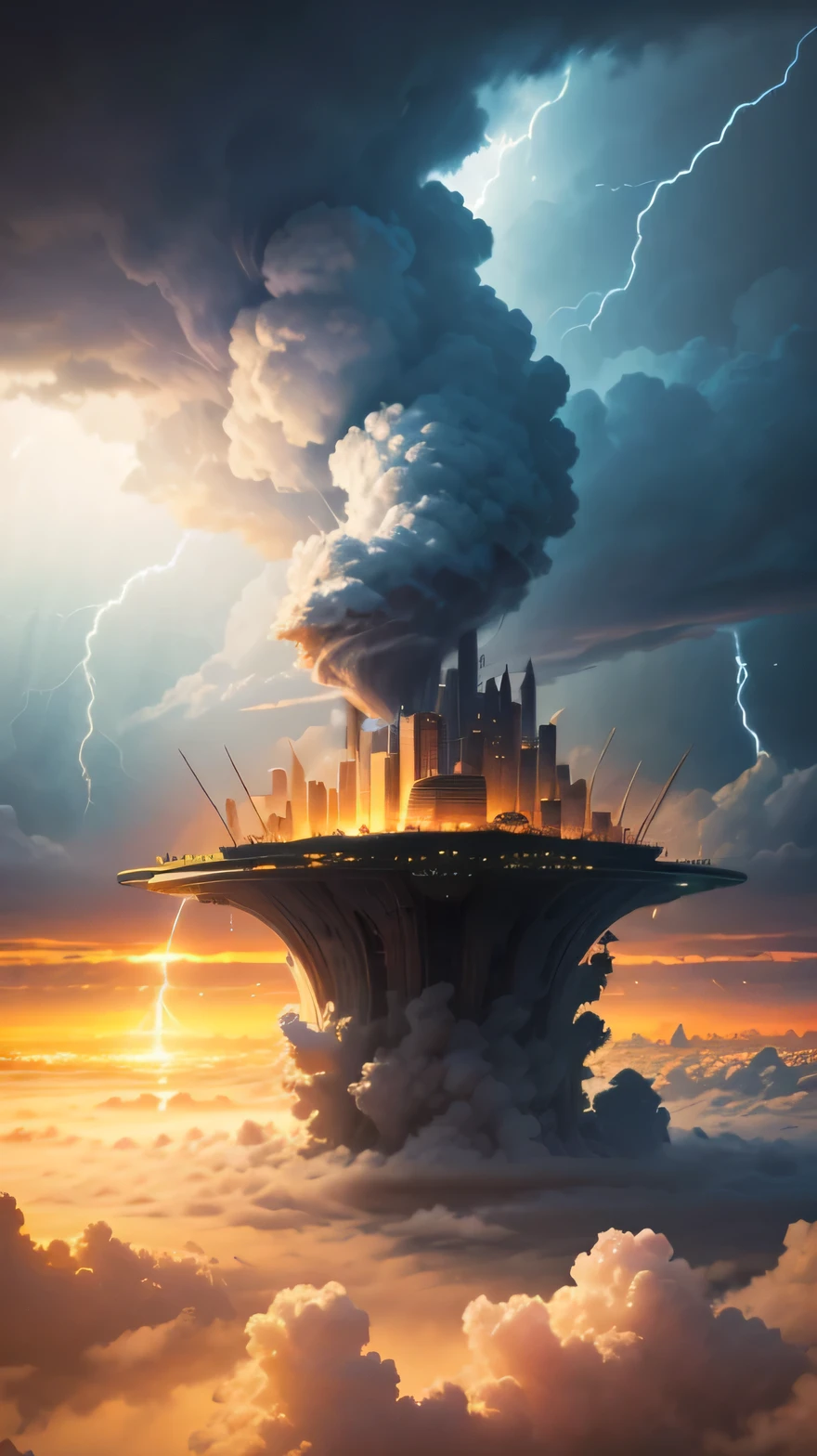 (Best quality,4K,8K,A high resolution,Masterpiece:1.2),Ultra-detailed,(Realistic,Photorealistic,photo-realistic:1.37),Futuristic floating cities ,Futuristic technology,Huge high-tech tablet platform,Airships,Floating in the sky,Futuristic city,Small airships around,High-tech hemispherical platforms, city floating on lots of clouds thunderstorm and lightning, city on top of clouds severe lightning, clouds at bottom with extreme lighting and thunderstorm, golden yellow tones , late sunset, hot weather,city floating on desert, summer and thunderstorm and dust clouds, yellow sky, yellow orange clouds, hot summer, multiple cities, birds eye view, tornado, wind whirlpool, cities floating in storm, extreme thunderstorm