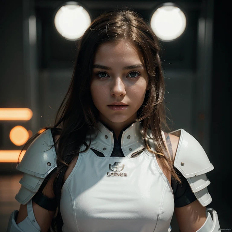 Beautiful very young girl of Nordic appearance with very futuristic white armor with many details and orange lights, in a cinematographic composition setting, photorealism, dynamic shot,