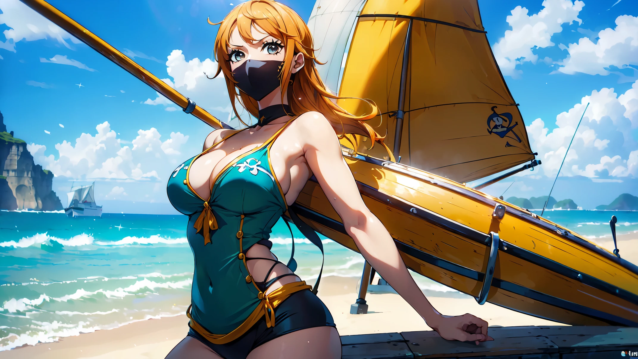 one-piece nami, cabelo laranja, Lindos olhos castanhos, ((vestindo roupa de pirata)),usando fones de ouvido, peitos sexy, pose lasciva ,corpo todo, arms behind the back, (fundo do navio pirata) (melhor qualidade, 4k, 8k, high resolution, obra de arte:1.2), ultra-detalhado, e (realista, photorealista,  HDR, Ultra HD, studio lighting, pintura ultrafina, sharp focus,Nami Rosto, olho nami