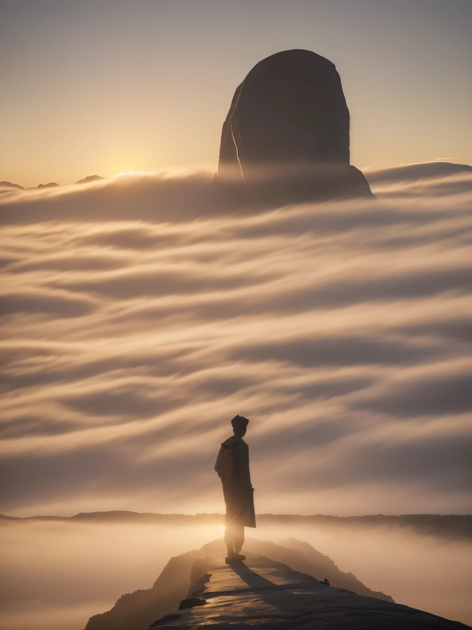 Faint hint of a lonely wanderer walking in the direction of an ridiculous enormously gigantic stone sculpture of a face in the distant mist and fog, cinematic