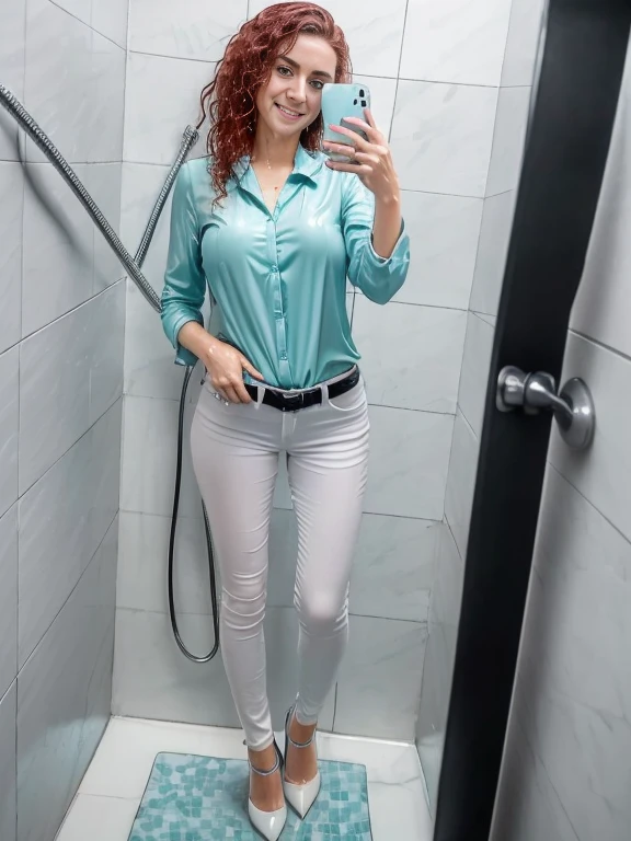 ((woman taking a shower in very tight low cut mint green work blouse and black skinny jeans and white high heel shoes)), (((taking a selfie with her phone))), (((wet hair))), soaking wet, SoakingWetClothes, ((standing under the shower head)), (((show shoes))), inviting smile, water pouring through clothes, ((NSFW)), nipples showing through wet blouse, cleavage showing, ((short curly red hair)), blue eyes