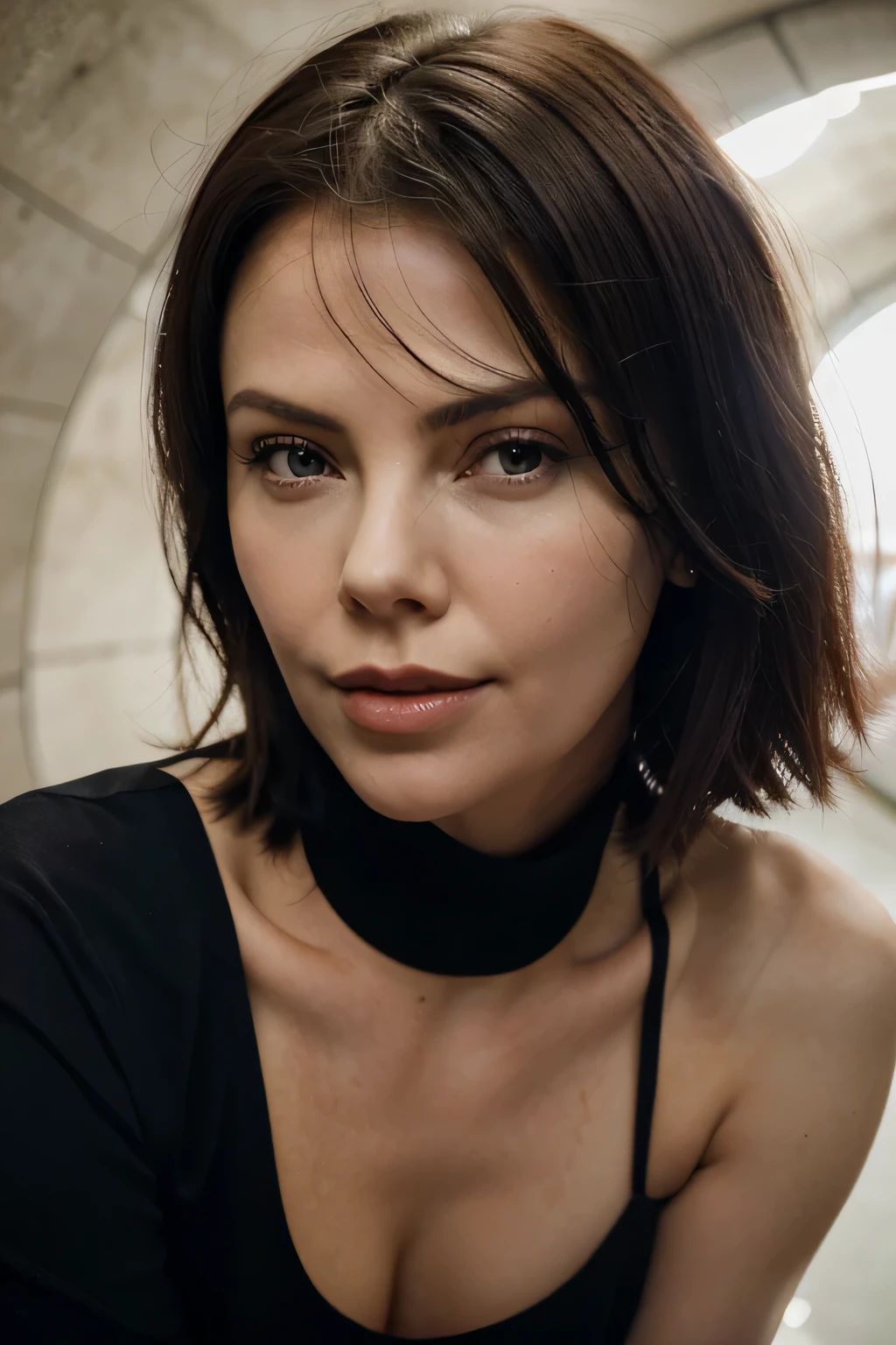 Imagem linda e fiel de AEON FLUX (Charlize THERON), she is staring straight ahead, olhos lindos expressivos e detalhados, olhar fixo e penetrante, olhos cor extremamente azuis, foco no rosto, imagem extremamente detalhada, 8k, filme, She's serious, ela tem um sorriso suave e misterioso, she smiles with her lips, Red lips, red lipstick on lips, cabelo preto muito curto, cabelos extremamente pretos e brilhantes, ela usa roupa preta e plastificada fiela da Aeon Flux. It is inside a curved-oval concrete structure (tunel) e altamente futurista, com luz solar refletindo por dentro.