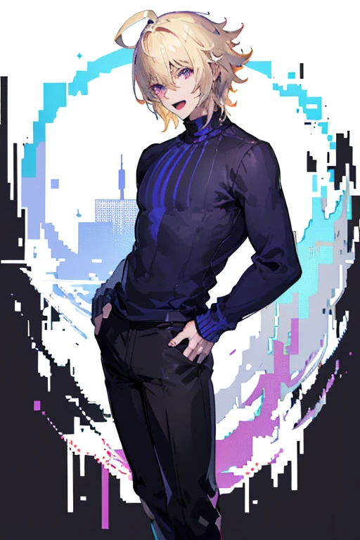 pixel art, pixel((masterpiece, better quality)), (1boyle), (One), (male focus), (Ahoge, blond hair, medium hair), Purple eyes, slight smile, open mouth, ((blue shirt), (sweater shirt ), ((black pants), standing, White background, Hands behind your back, dynamic English