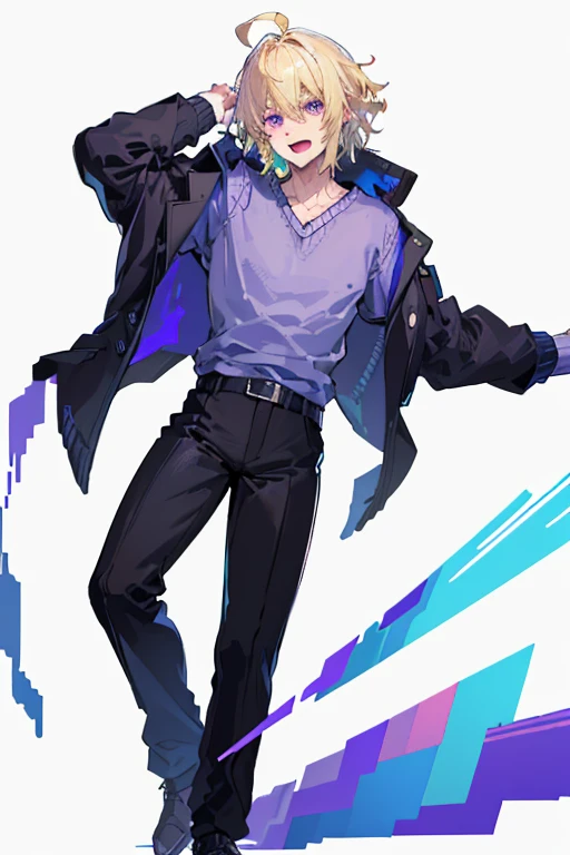 pixel art, pixel((masterpiece, better quality)), (1boyle), (One), (male focus), (Ahoge, blond hair, medium hair), Purple eyes, slight smile, open mouth, ((blue shirt), (sweater shirt ), ((black pants), standing, White background, Hands behind your back, dynamic English