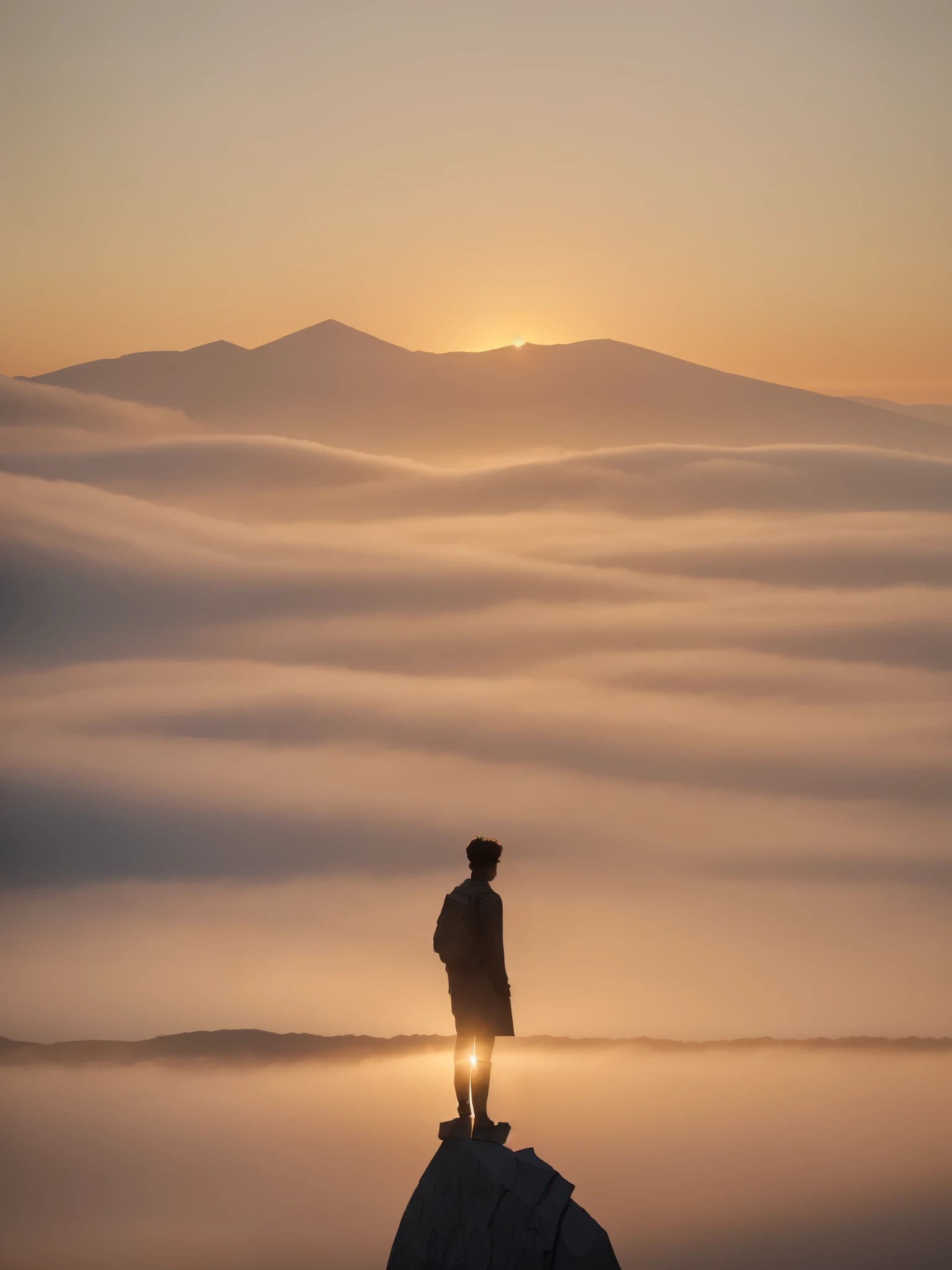Faint hint of a lonely wanderer walking in the direction of an ridiculous enormously gigantic stone sculpture of a face in the distant mist and fog, cinematic