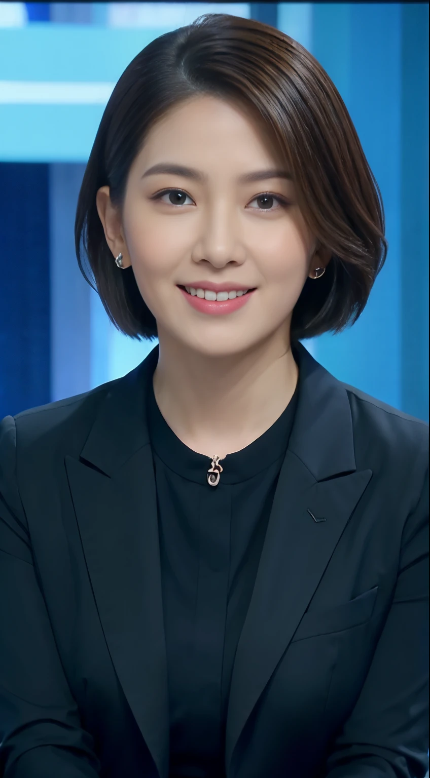 highest image quality、ultra high resolution、1 girl in、beautiful face、Short hair details､The announcer wears a tight long-sleeved suit、mouth close, Sit in the studio, Charmaine Yu
