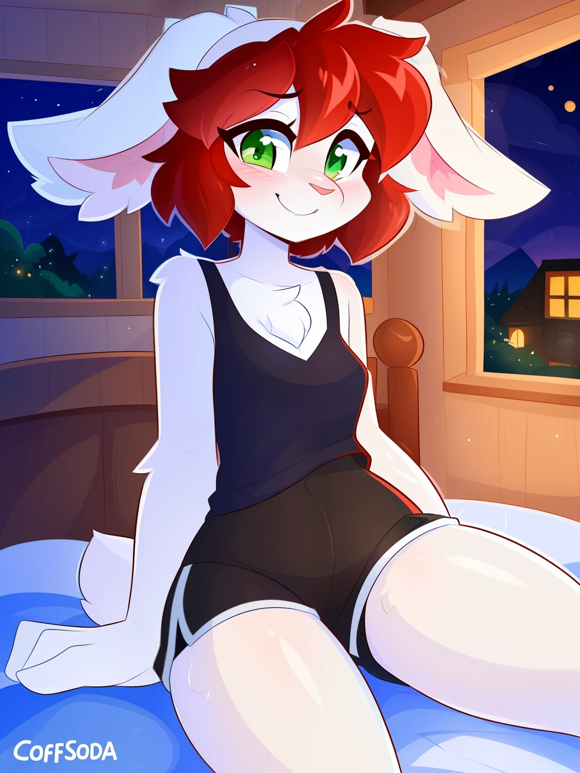 Rabbit girl, Rabbit ears, sexy, sensual, uploaded to E621, beautiful and detailed portrait of an anthropomorphic rabbit ((female))) uploaded to E621, ((by Kilinah, by Coffeesoda, by Hioshiru, by Kilinah)), red hair, green eyes, black high stockings, slim body, medium breasts, ager ((18years)), solo, skinny body, bedroom, lying on bed, blush, embarrassed smile, short messy hair, nude, pussy, nipples, sleepy face, night, white body, white fur, frontal camera, frontal view