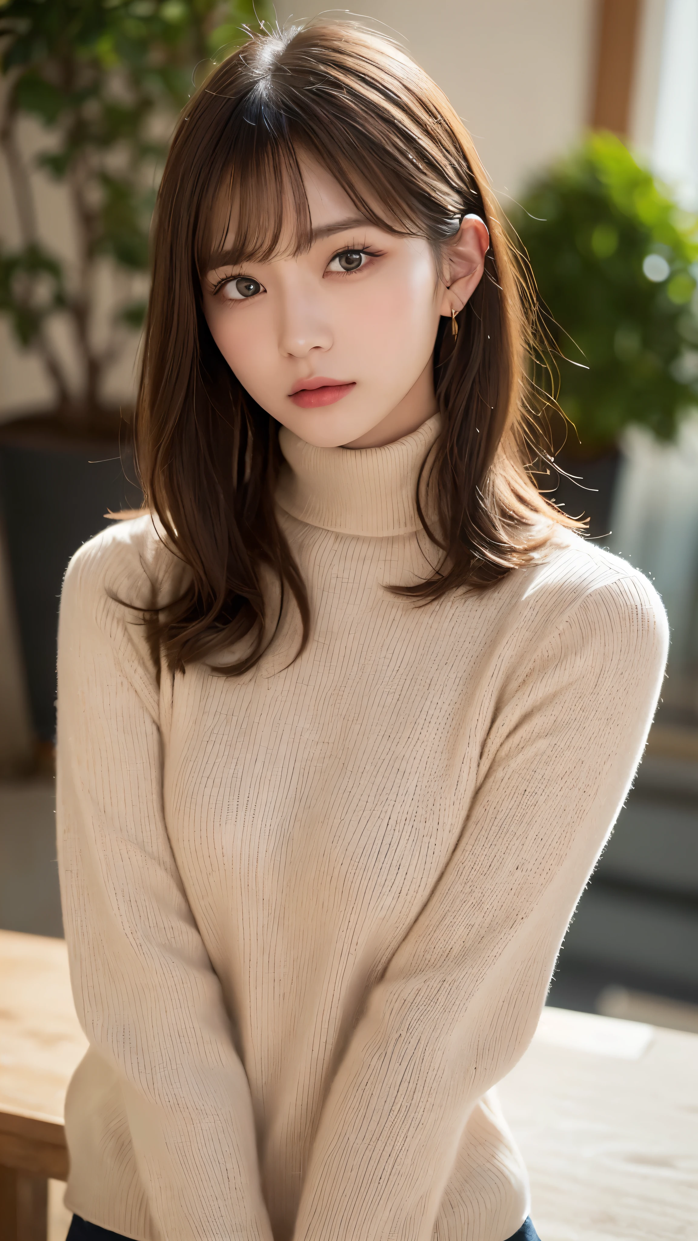 (masterpiece:1.5)、(realistic:1.5)、(highest quality:1.4、8K、RAW photo)、
ultra high resolution、professional lighting、perfect dynamic composition、indoors、
film grain、chromatic aberration、(Bokeh:1.1)、
Frank、Sophisticated、Charm、surreal、high detail、golden ratio、
(1 girl)、slender girl、繊細でCharm女の子、cute woman:1.4、
serious expression、looking at the viewer、
light brown hair、shining hair、Random cute hairstyles、
skin that looks real、
close your mouth、fine eyes、double eyelid、thin arms、
(wearing a red turtleneck sweater)