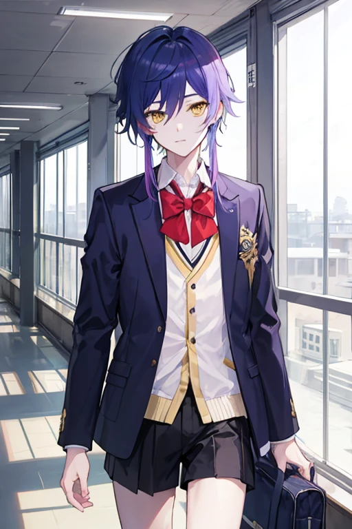 1 boy, school uniform,jacket, Cute, Genshin&#39;s influence, anime,purple hair, White skin, yellow eyes,School Corridor
