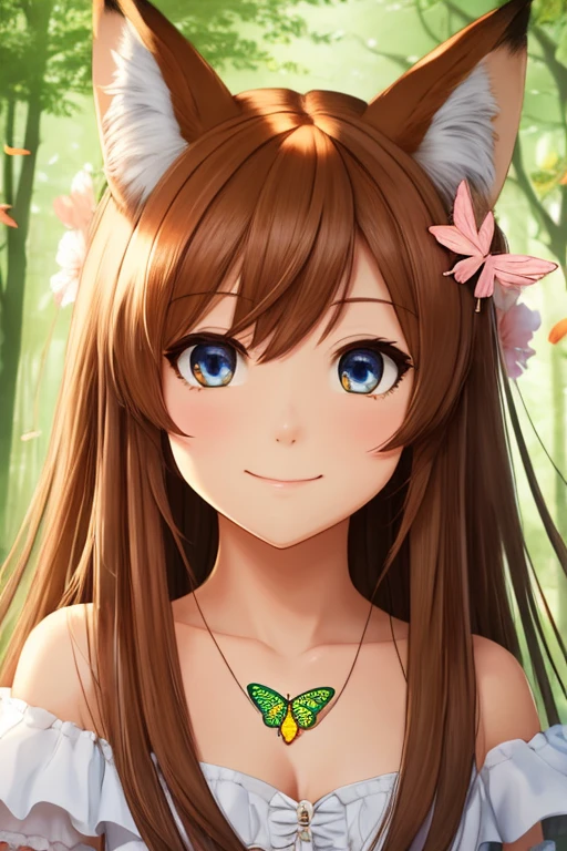 Anthropomorphic anime fox girl with a butterfly resting on her nose, expression filled with wonder and delight, amid a radiant and ethereal spring forest setting, focus on her emotive features, bright and gentle lighting accentuating their animated expressions, overall romantic and vernal ambiance, UHD quality, high detail, ultra clear.
