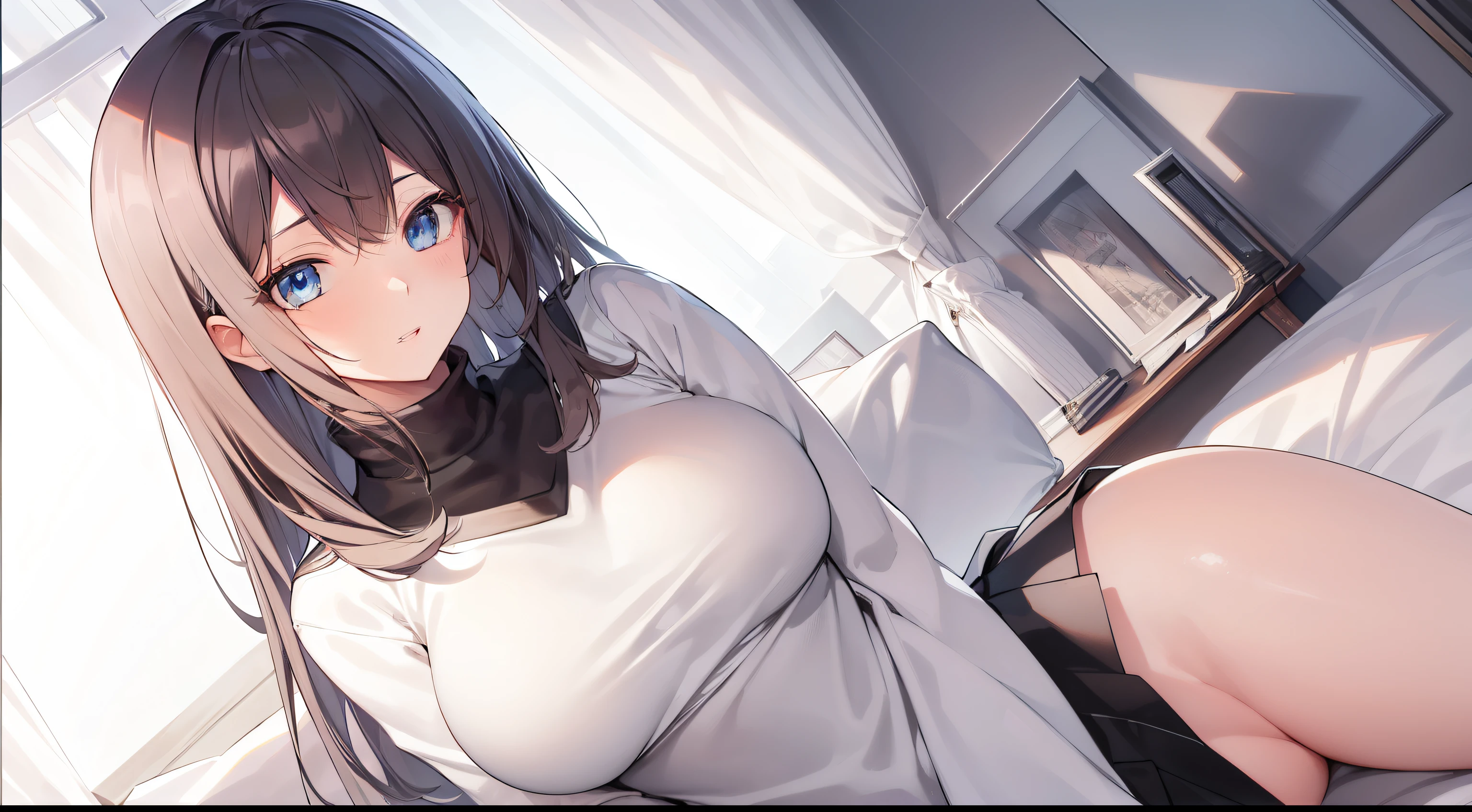 hashimoto_mayuri, medium hair, black hair, ahoge, blue eyes, medium breast, have a bit of large posture, medium skirt, sweater, mature, giggles, waiting, BREAK looking at viewer, BREAK (masterpiece:1.2), best quality, high resolution, unity 8k wallpaper, (illustration:0.8), (beautiful detailed eyes:1.6), extremely detailed face, perfect lighting, extremely detailed CG, (perfect hands, perfect anatomy),
