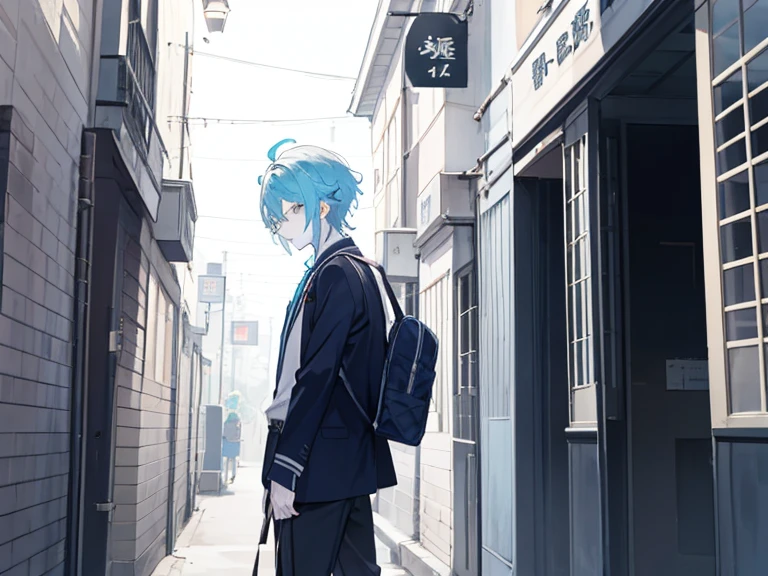 1 boy, school uniform,jacket, Cute, Genshin&#39;s influence, anime,light blue hair, White skin, grayglaza, School Corridor