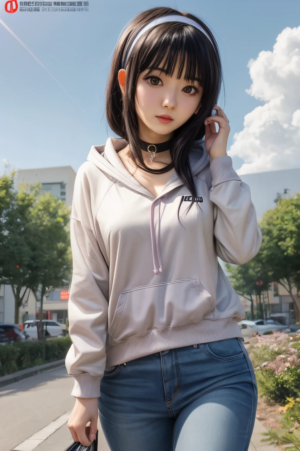 ​masterpiece、ultra-detailliert、8K、((Awesome))、Shorthair with bangs、wearing hoodies、a miniskirt、smil、wear black headphones、sitting on、a park