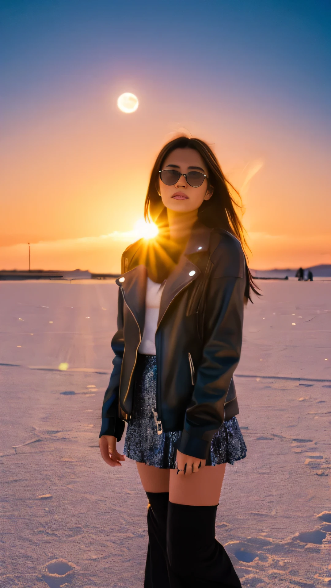 masterpiece, highest quality, ((Salt Flat)), 4K,8K,style,masterpiece, Create a black woman, at night long charge, ((Super detailed)), outdoor, night, nature, (performer, full moon), Shadow, contrast, Sunny, (style, (film grain: 1.3), (warm shades, warm tones): 1.2), cinematic light, side lighting, ultra high resolution, (best shades), to be born, walk, poems,