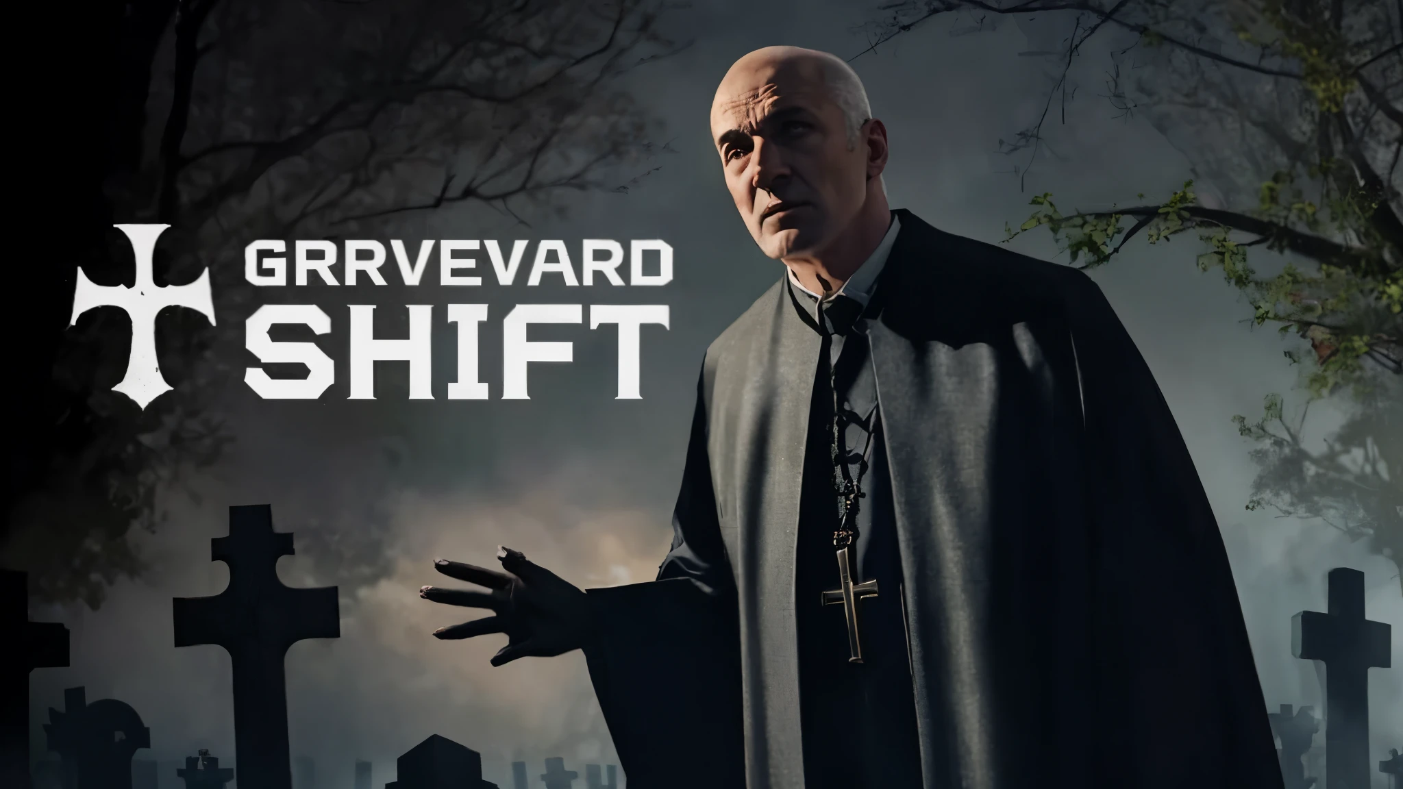 a man in a black robe standing in front of a cemetery, gray change, Title - Shift, Title change, cemetery, [ jogo de terror ], Severo, Horror&quot;, Horror &quot;, filme ainda de um filme de terror, sounds in the cemetery, still de filme de terror, imagem promocional do filme, zombie coming out of a tomb, the cemetery!!, filme de terror ainda