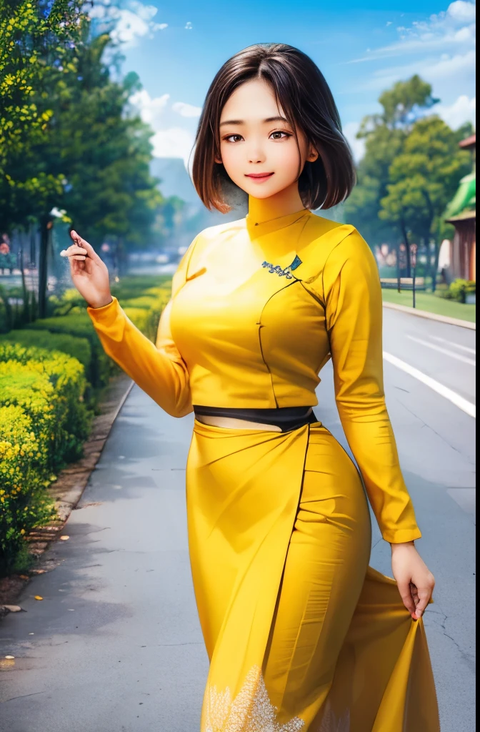 a beautiful girl with cute dimples, smiling, wearing
burmese dress, walking in Bagan's street,
ACMM LS OUTFIT, WEARING ACMM TOP Gray ACMM TOP; LONG SLEEVES, WEARING
ACMM LONG SKIRT, dark blue ACMM LONG
SKIRT, PRINTED SKIRT
OUTDOORS, SCENERY, TRADITIONAL MEDIA,
SKY, DAY, PHOTO BACKGROUND, REAL WORLD
LOCATION, ARCHITECTURE, NATURE, RUINS
LANDSCAPE, BAGAN ANCIENT PAGODA
BACKGROUND