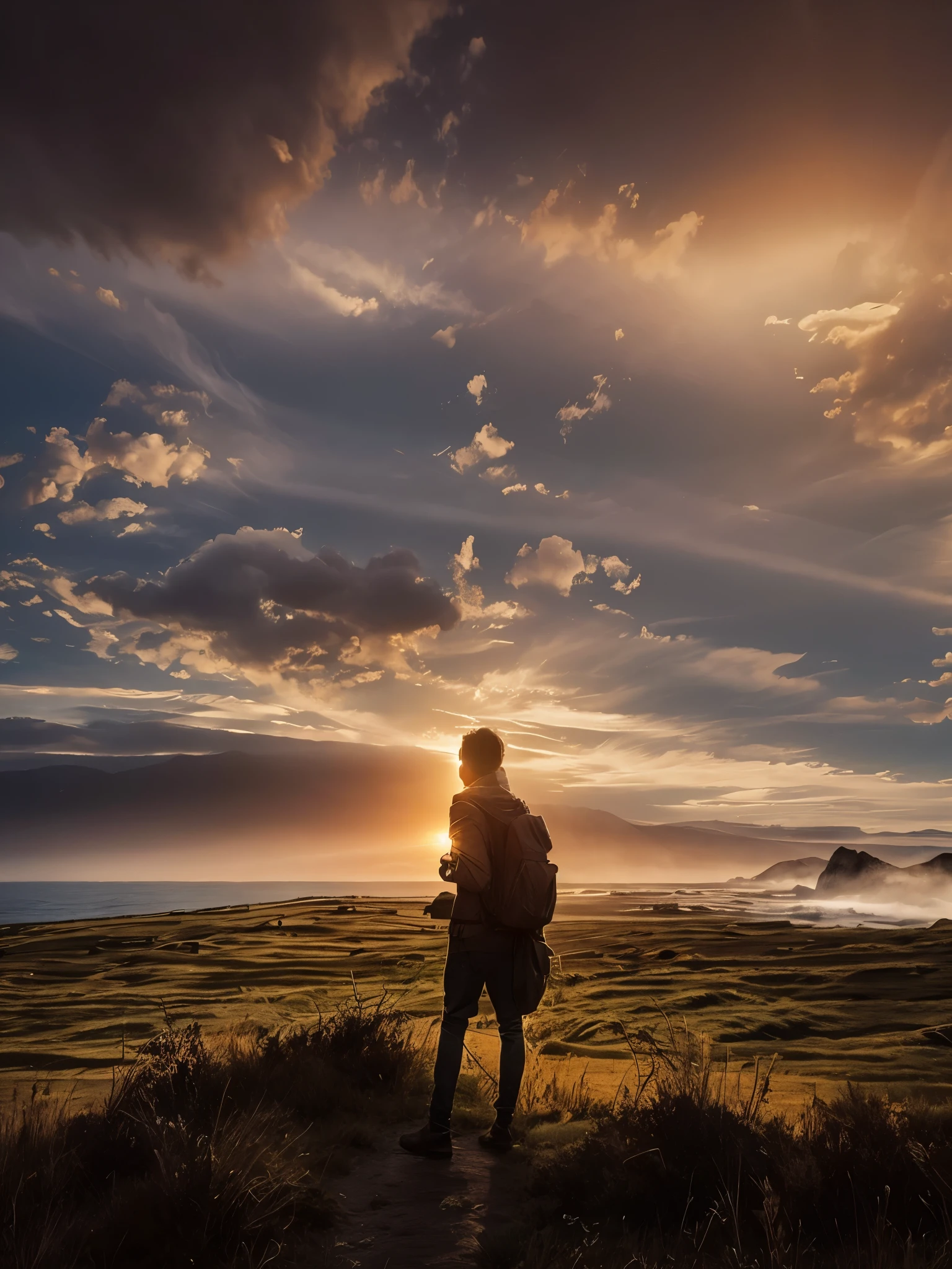 Faint hint of a lonely wanderer walking in the direction of an ridiculous enormously gigantic stone sculpture of a face in the distant mist and fog, cinematic