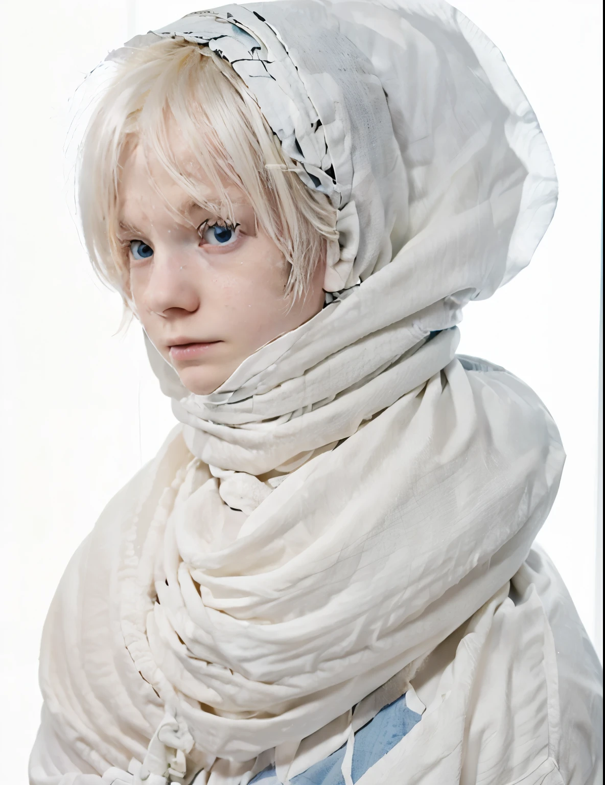 1 albino boy, his body is wrapped in bandages, his hair is white, his eyes are blue,