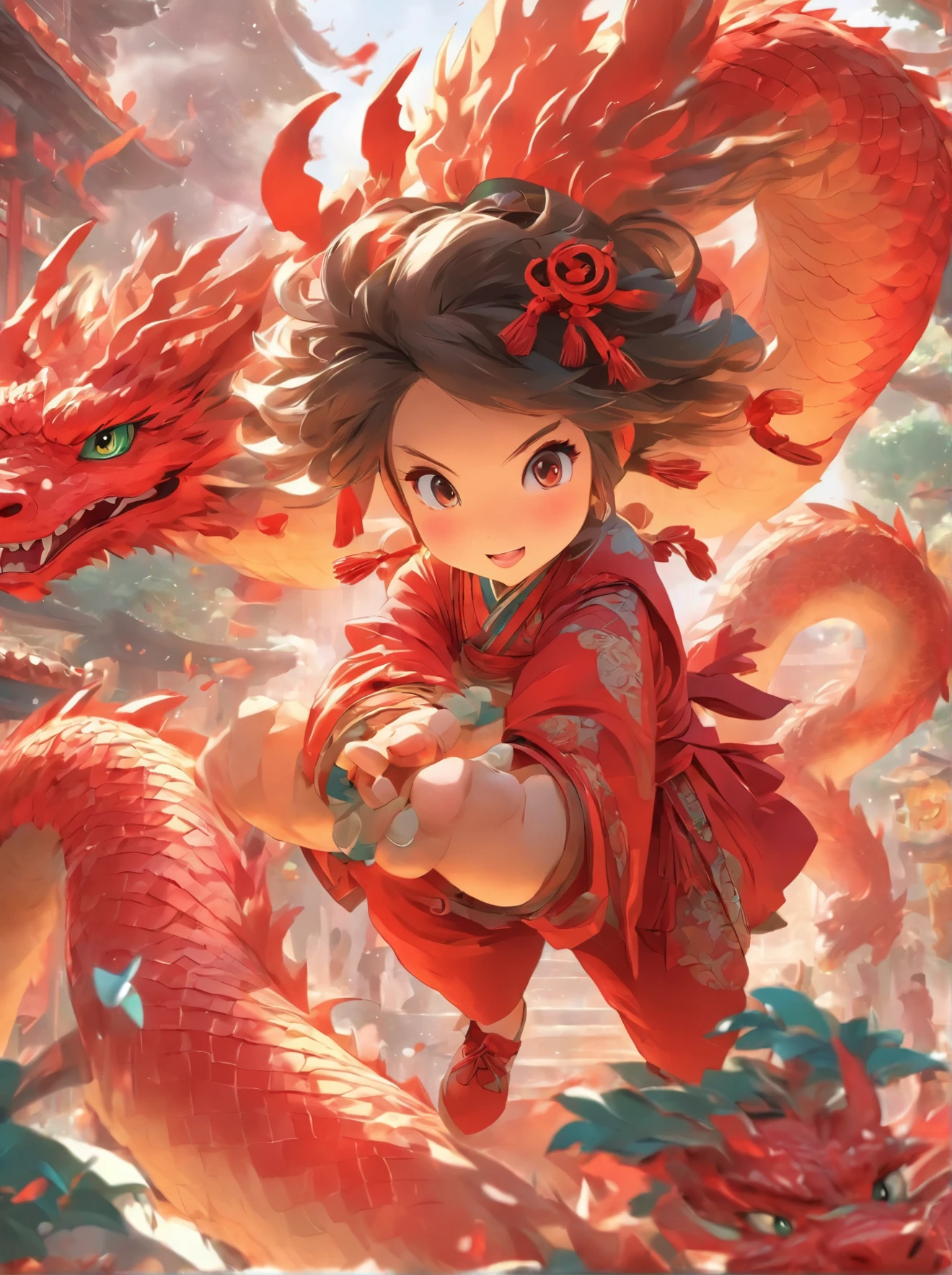 highly details, hyper-detailing,8k, 超高分辨率 ,KIDS ILLUSTRATION,Chubby dragon girl,Colorful cartoon characters,Cute dragons,white backgrounid,Colorful cartoon characters,Chinese red costume,Light,Red vibe,a sticker,