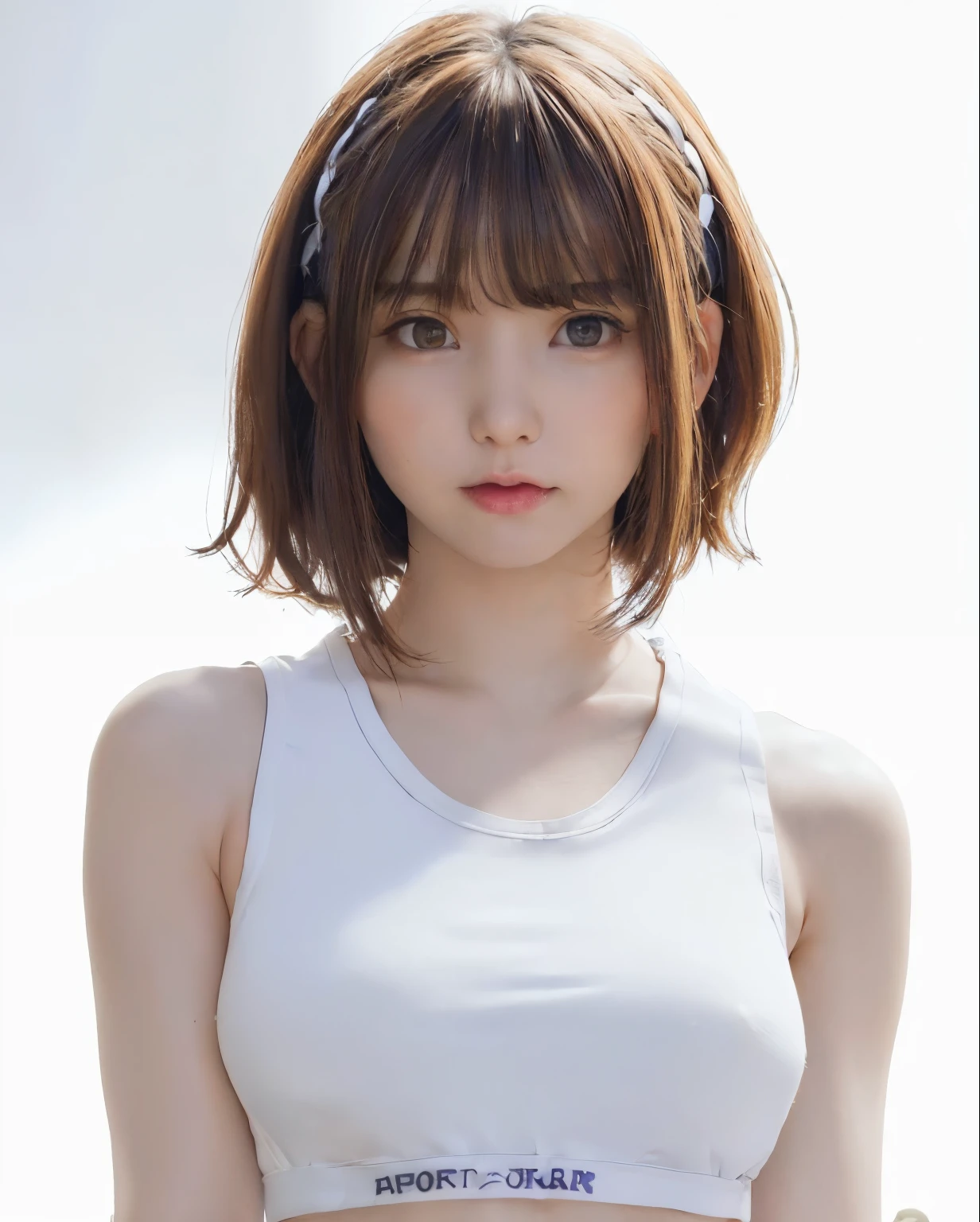highest quality, realistic, 8K, High resolution, 1 girl, woman, (skin dents), (portrait:0.6), nice, ((white background, sport tank top, small breasts:1.8)), ((short straight hair, parted bangs:1.8)), looking at the viewer, (1 girl eyes looking at the viewer:1.6), realistic, (Bokeh), (closed mouth:1.6), nice, Pueros face_v1,