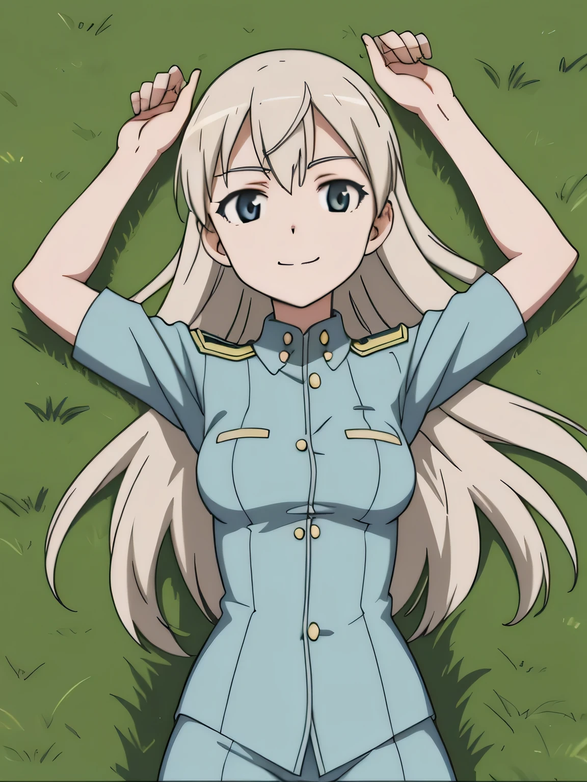 masterpiece, best quality,
eila ilmatar juutilainen, 1girl, uniform,
smile, closed mouth, spread arms, arms up, expressionless, on back, on grass, looking at viewer, center, cowboy shot,

