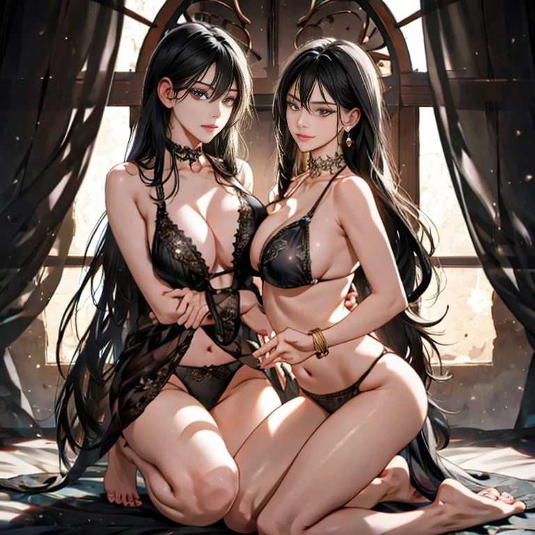 (A desert:1 girl with black hair,Western Region Dancer,Kneeling pose), tmasterpiece, best qualtiy, RAW photogr, realisticlying, the face, Incredibly Ridiculous res,, ear studs, (flowing long black hair),eye shadows,Bracelet,head chain,A wide variety of intricate jewelry,Collar,foot ring,Western-style bikini clothing,(nipple tassels:0.4),(Tulle skirt:0.2),The barefoot,depth of fields, A high resolution, ultra - detailed, filigree, RAWE is very detailed, very detailed eyes and faces, Sharp pupils, realistic pupil, tack sharp focus, cinmatic lighting,full bodyesbian,Bigboobs,long leges,From the front side,banquet,dynamicposes,Normal posture,closeup of face