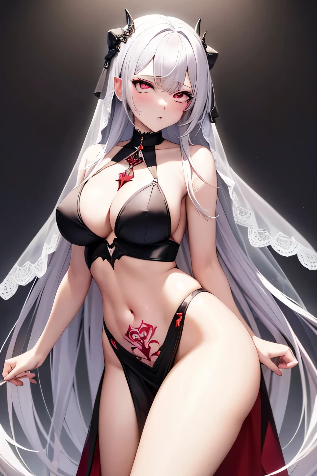 Wear erotic lingerie，white hair，red eyes，Pink intense eyeliner，Complete collection of tattoo designs，Nun veil，Aheiyan，girl
