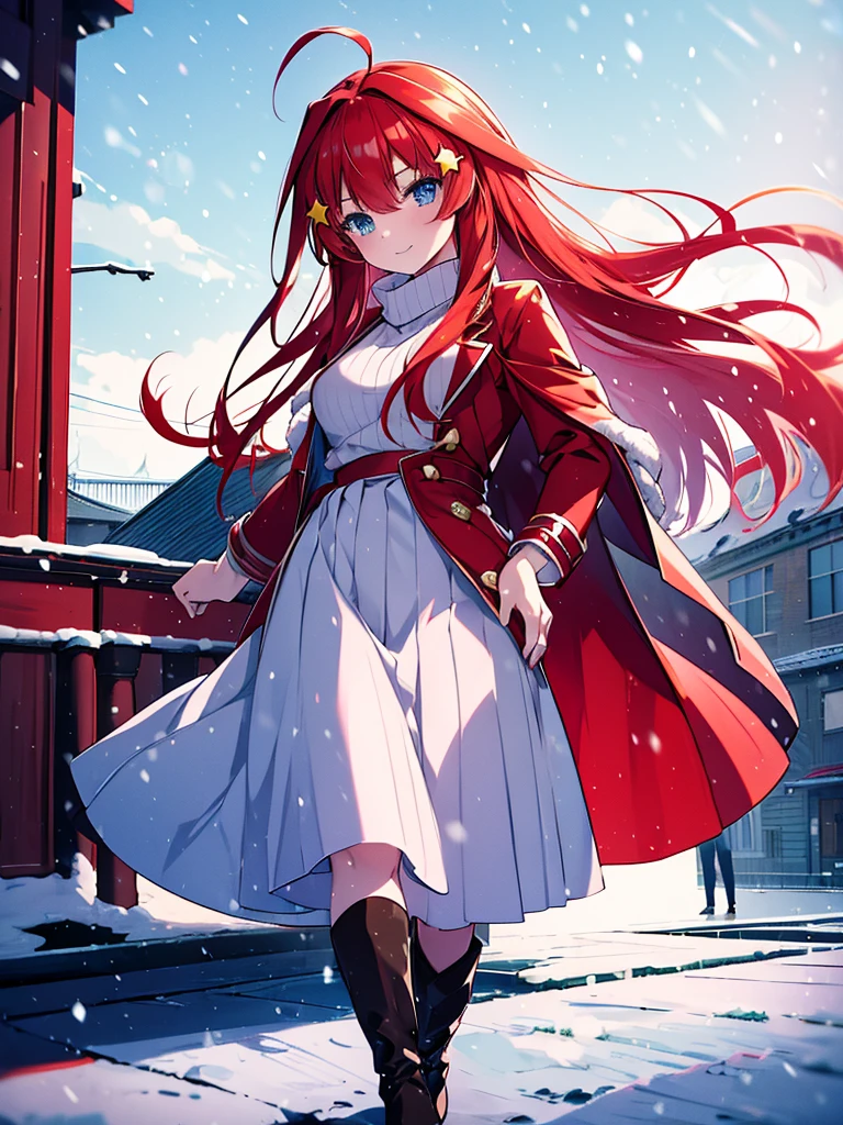 masterpiece, highest quality, 1 girl, Satsuki Nakano,The Bride of Fifths Satsuki Nakano,red hair,long hair,Ahoge,blue eyes,star hair ornament, red long coat,white v-neck sweater,gray muffler,Gray long skirt,brown short boots,smile,In town,walking,winter,It's snowing