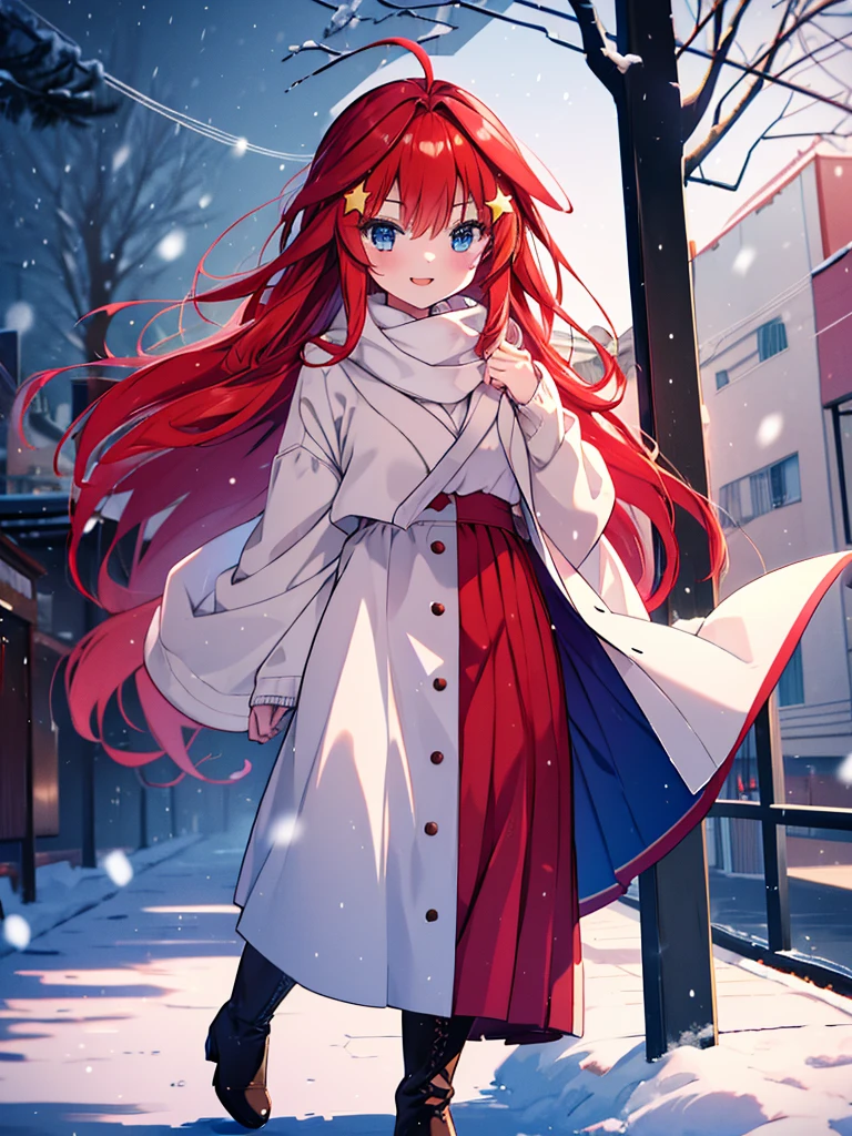 masterpiece, highest quality, 1 girl, Satsuki Nakano,The Bride of Fifths　Satsuki Nakano,red hair,long hair,Ahoge,blue eyes,star hair ornament, red long coat,white v-neck sweater,gray muffler,Gray long skirt,brown short boots,smile,In town,walking,winter,It&#39;s snowing