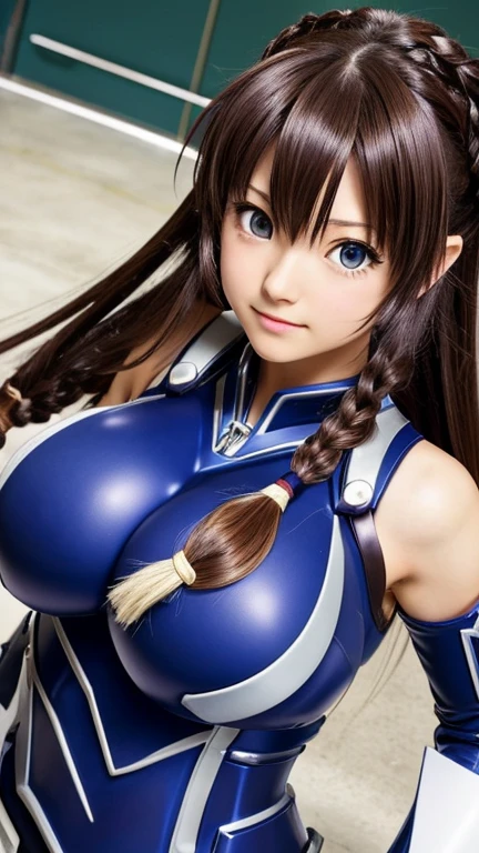 anime (Masou Gakuen HxH), lady , sexy (very big boobs), actress (Hayuru Himekawa) , blue eyes , black long hair to hip / past hip length , double braid hair ,armor suit , She was testing out a pair of knuckles at the arena