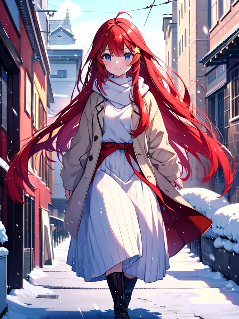masterpiece, highest quality, 1 girl, Satsuki Nakano,The Bride of Fifths Satsuki Nakano,red hair,long hair,Ahoge,blue eyes,star hair ornament, red long coat,white v-neck sweater,gray muffler,Gray long skirt,brown short boots,smile,In town,walking,winter,It's snowing