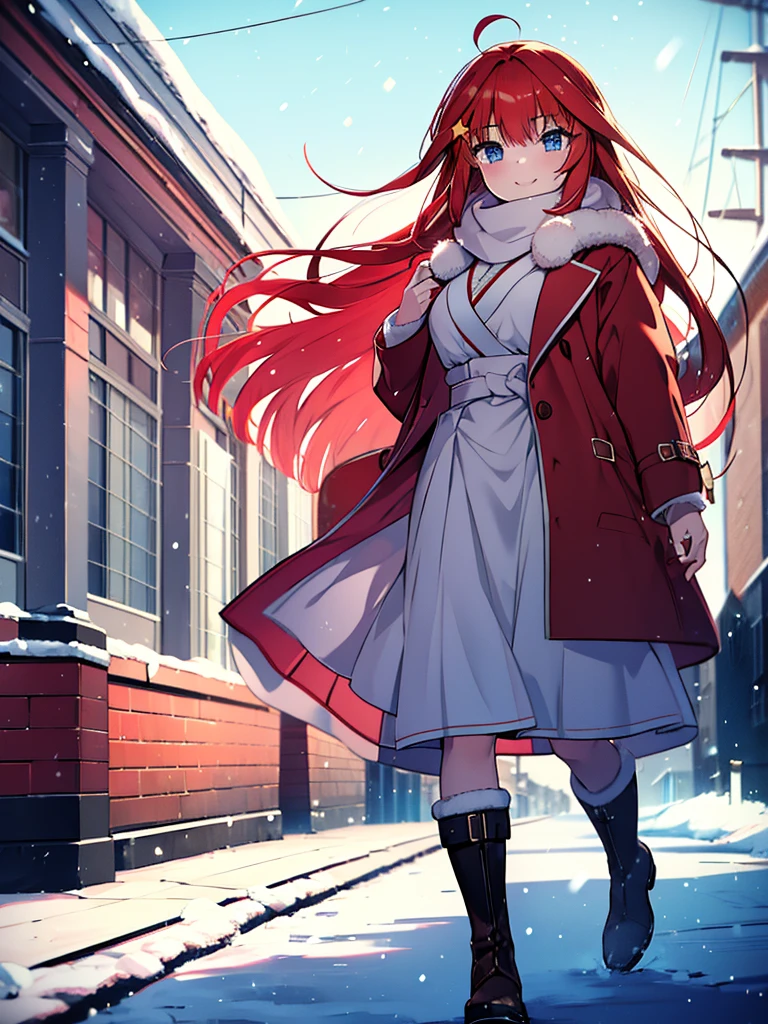 masterpiece, highest quality, 1 girl, Satsuki Nakano,The Bride of Fifths　Satsuki Nakano,red hair,long hair,Ahoge,blue eyes,star hair ornament, red long coat,white v-neck sweater,gray muffler,Gray long skirt,brown short boots,smile,In town,walking,winter,It&#39;s snowing