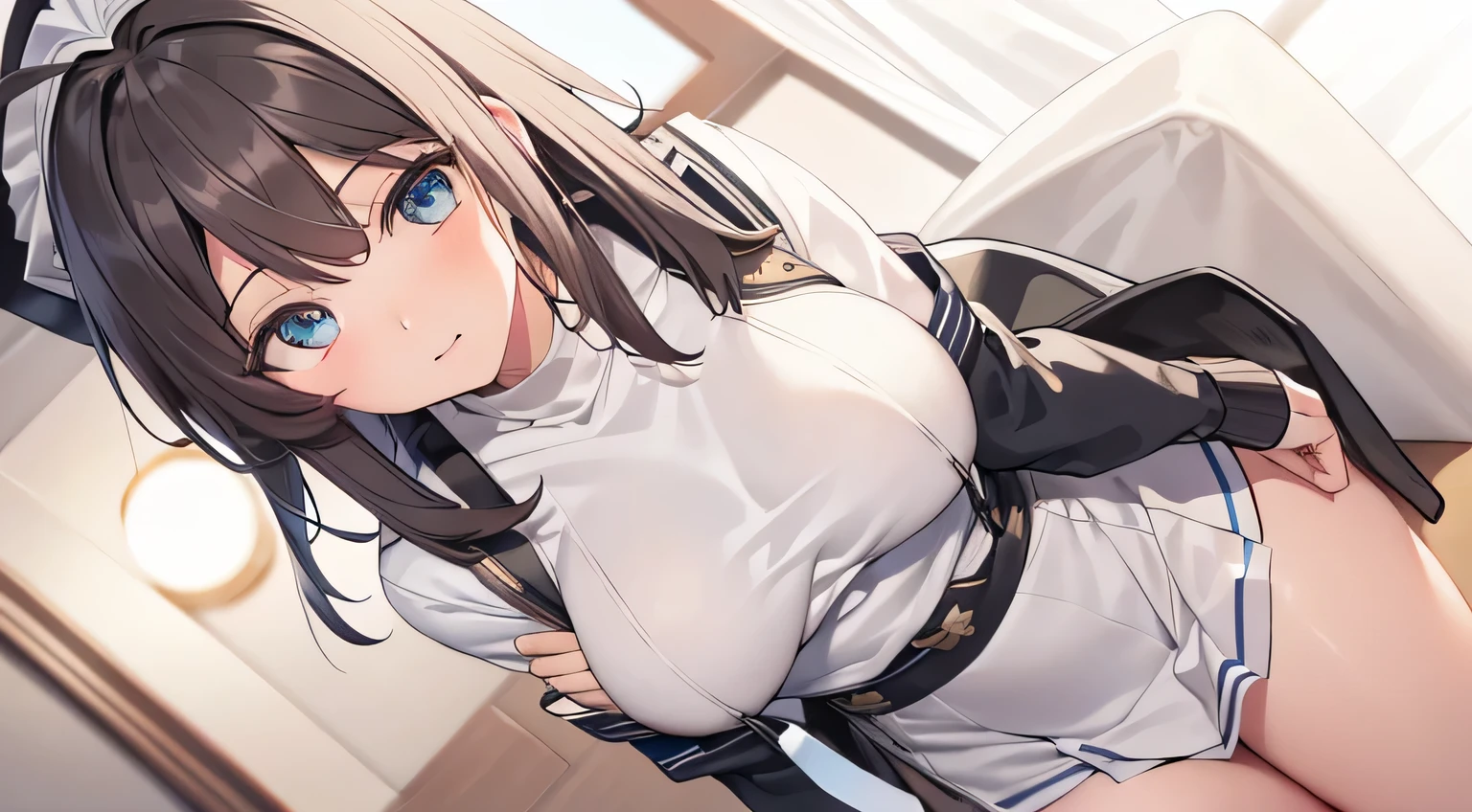 hashimoto_mayuri, medium hair, black hair, ahoge, blue eyes, medium breast, have a bit of large posture, medium skirt, sweater, mature, wide laughter, waiting, BREAK looking at viewer, BREAK (masterpiece:1.2), best quality, high resolution, unity 8k wallpaper, (illustration:0.8), (beautiful detailed eyes:1.6), extremely detailed face, perfect lighting, extremely detailed CG, (perfect hands, perfect anatomy)