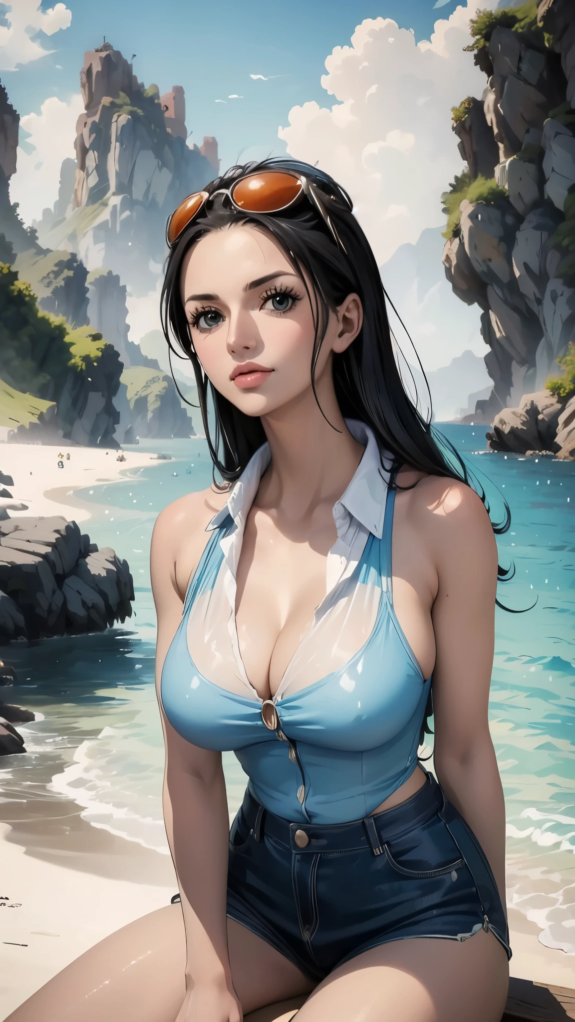 ((top-quality, 8K, masterpiece:1.3)), A detailed eye, (looking at from the front), Look at the camera, ((Everything is sparkling、reflecting light:1.2)), (Best Ratio: 4 fingers, 1 thumb), (portrait), 1 person, Nico Robin ((one piece)), Beautiful woman with perfect body, Highly detailed facial and skin texture, sexy sit posing, outdoor, wearing a short pant, wearing accessories on head, wearing a light blue shirt,