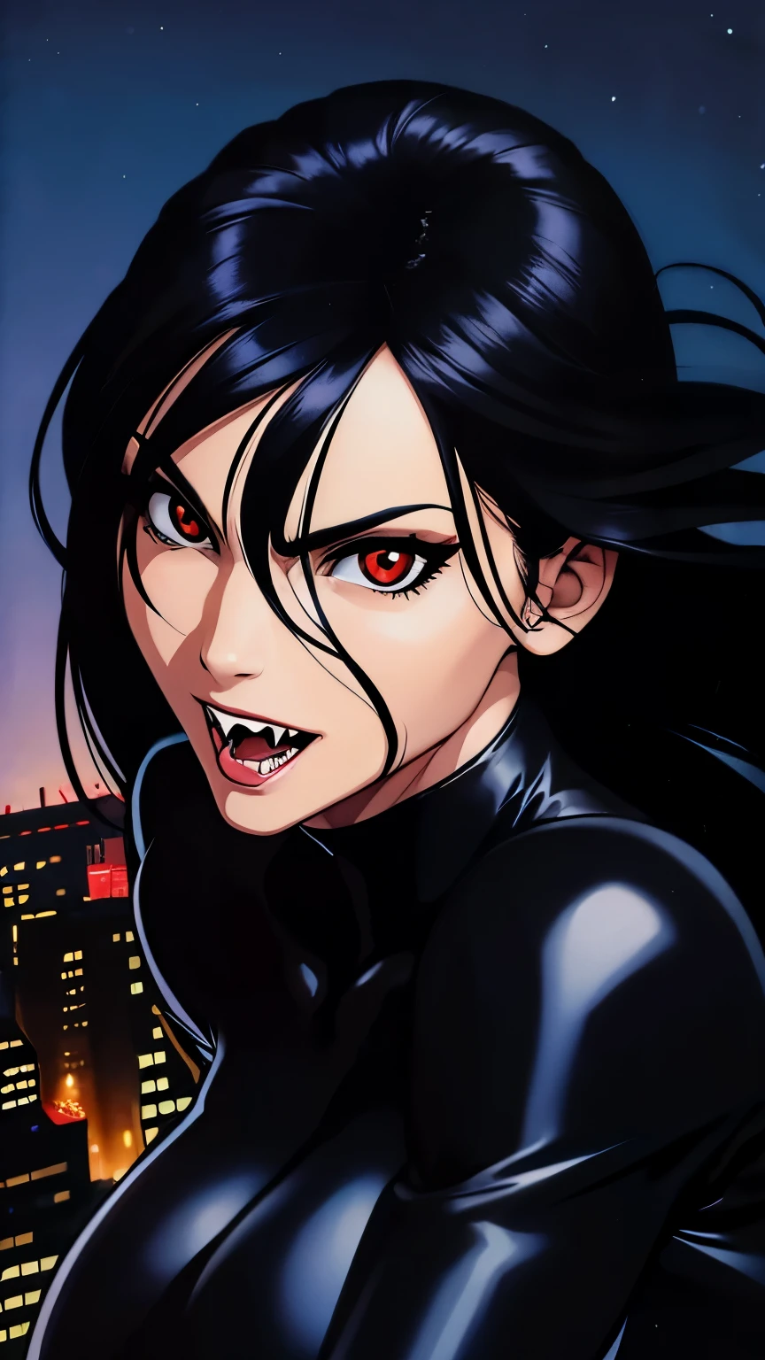 Female, vampire Black tight bodysuit, black hair, medium hair, straight hair, medium breasts, black boots, slim figure, vampire teeth, fangs, brown eyes, hungry eyes look, night city Rooftop background 