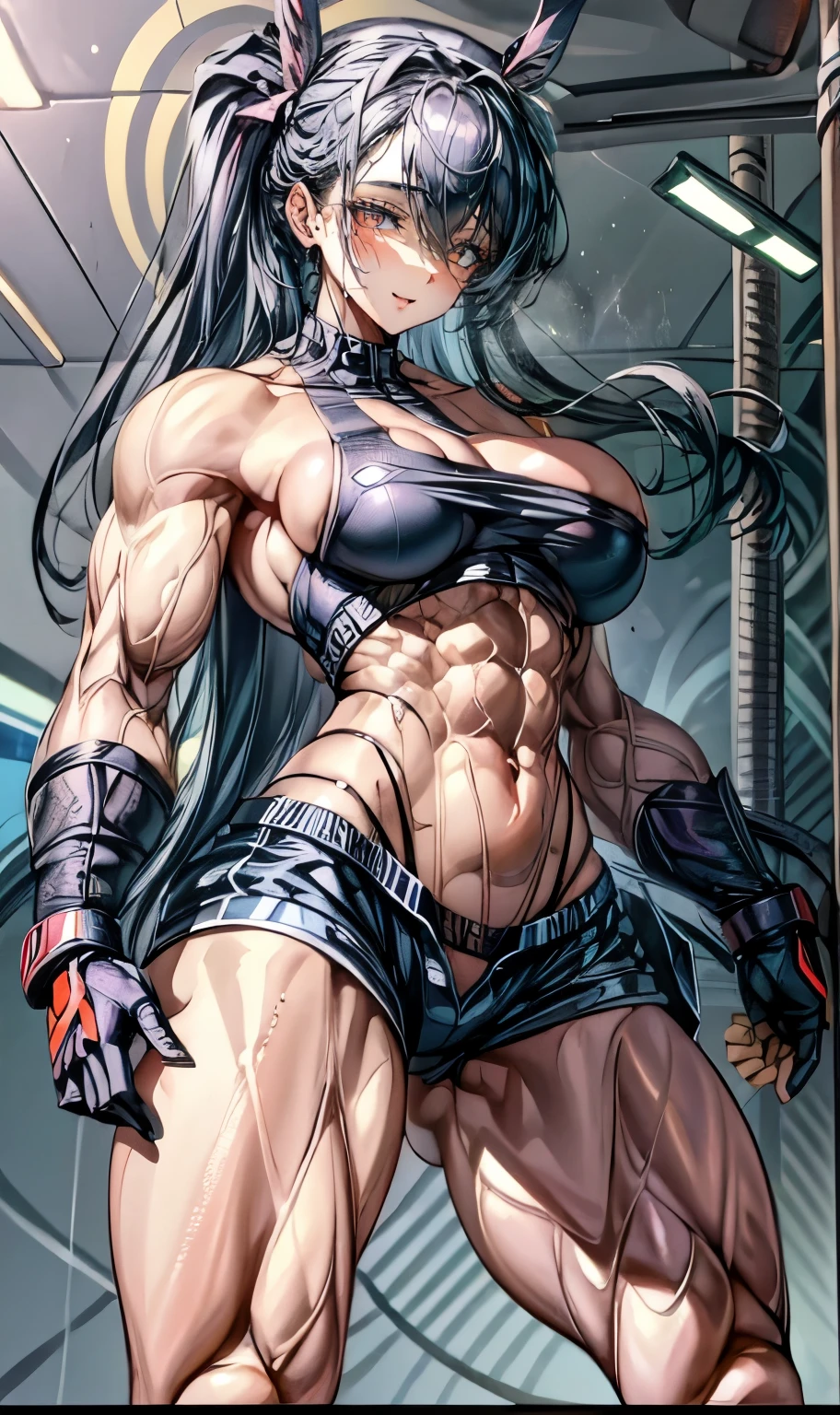 (best lighting) , (Extremely complex and detailed) , 4K unified, (Super detailed CG: 1.2) , (8k: 1.2),(original), (masterpiece) , (best quality),(masterpiece:1.4),Anime-like high quality,(masterpiece),masterpiece, Super clear picture quality,Bili's face is clearer)best quality, long hair,ponytail.Ridiculous Easter Peace, 4K, 8k, Yes, high resolution))1 girl, sportswoman,Smile,披肩long hair,Big smile on girl's face,Eight pack abs in shorts,clear abdominal muscles,Abdominal veins are carved into the abdominal muscles,Strong abdominal muscles Exaggerated abdominal muscles,Thick and firm abdominal muscles,Absolutely unparalleled abs,Abdominal muscles are very toned,Deep groove between abs bodybuilder:1.5))Pink tight gel coat,Sexy cos,Sexy gel coat