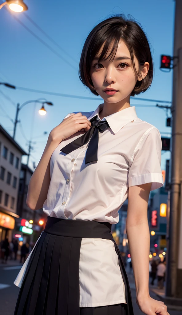 (8K, RAW photo, Best Quality, Masterpiece: 1.2), (Realistic, Photorealistic: 1.37), Ultra HD, 1 girl, Cute, Solo, Beautiful sky, Detailed cafe, Night, Sitting, date, (nose lip), (smile: 1.1), (closed), medium breasts, beautiful eyes, (collared shirt: 1.1), bow tie, pleated skirt, (short hair: 1.2), floating hair