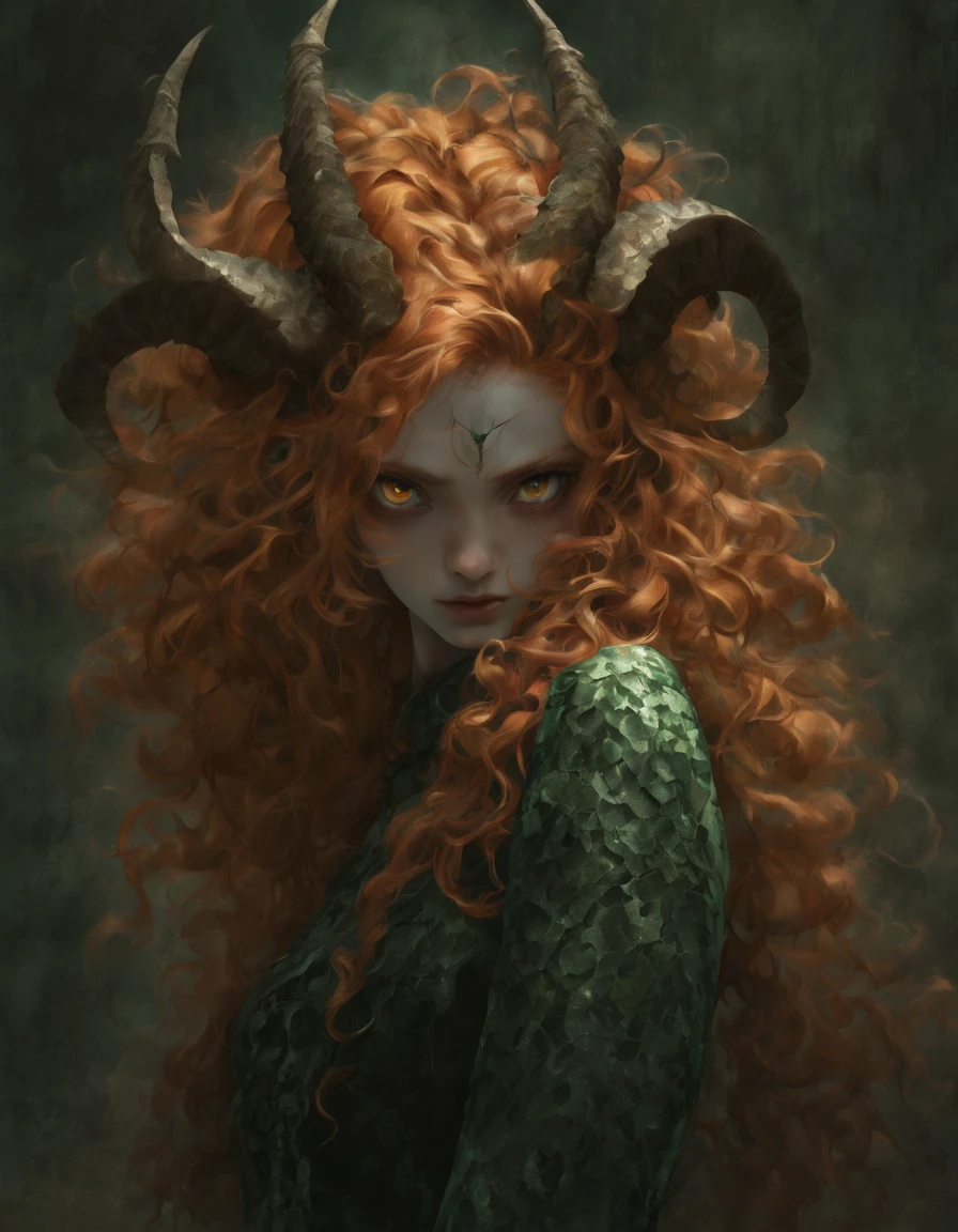 Ginger girl, demon girl, very angry, ((full smokey eyes)), (messy orange curls), (insect emerald eyes), (mesh fishnet, blouse), (long intricate horns:1.2)  (best quality), highest quality, extremely detail,  8k, wallpaper, detailed and intricate,