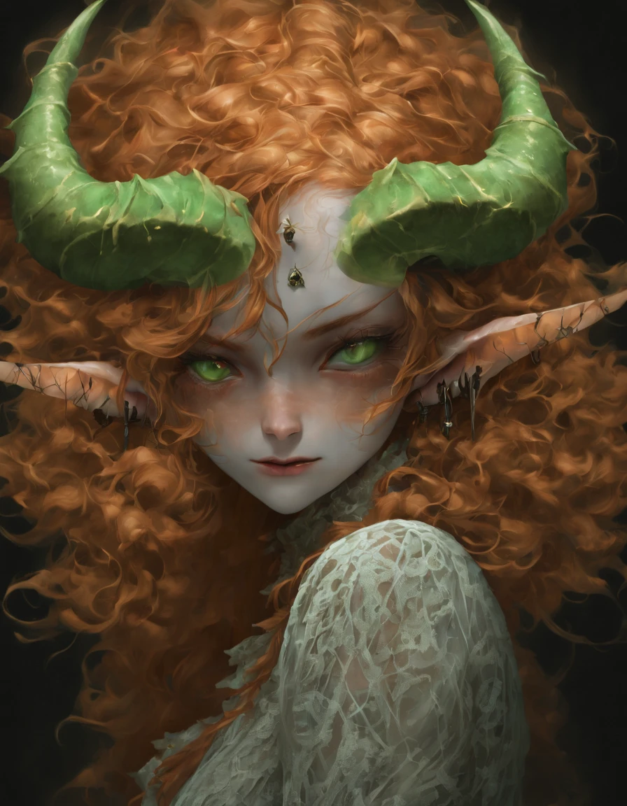 Ginger girl, demon girl, very angry, ((full smokey eyes)), (messy orange curls), (insect emerald eyes), (mesh fishnet, blouse), (long intricate horns:1.2) (best quality), highest quality, extremely detail, 8k, wallpaper, detailed and intricate,